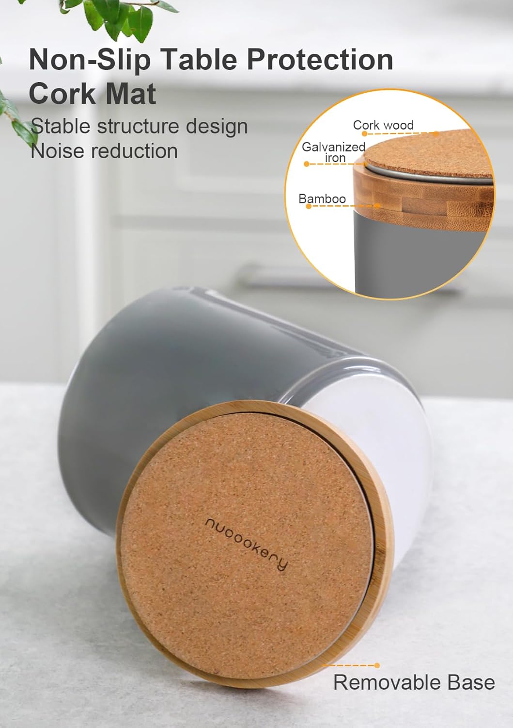 Nucookery 360° Rotating Utensil Holder, 7.2" Large Utensil Crock, White Ceramic Cooking Utensil Organizer with Countertop-Protection Cork Bottom for Farmhouse Kitchen Decor Gift (Gray)