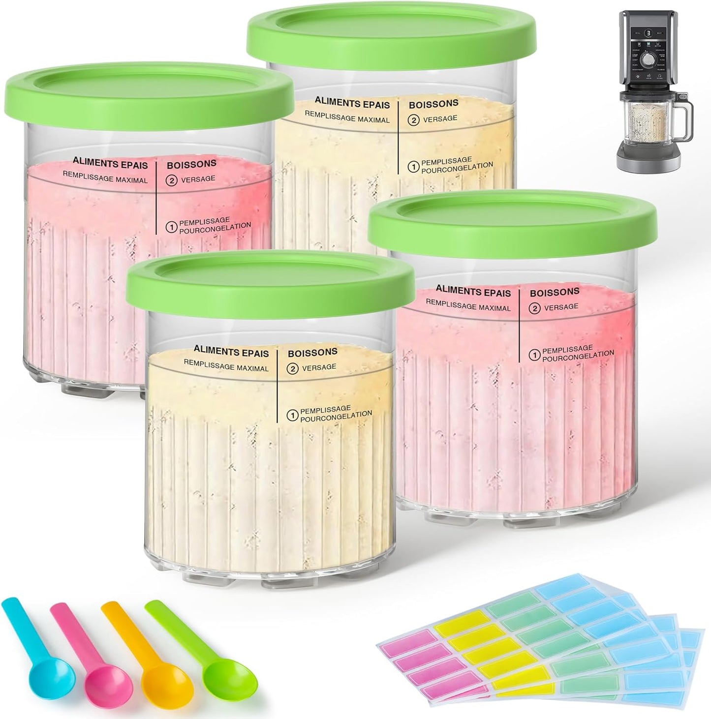 GuanQiao 4 Pack Creami Deluxe Pints & Lids for Ninja, 24 Oz Compatible with NC500 NC501 Series Ice Cream Makers, with 4 Spoons & 64 Writable Labels, BPA-Free & Dishwasher Safe, Green