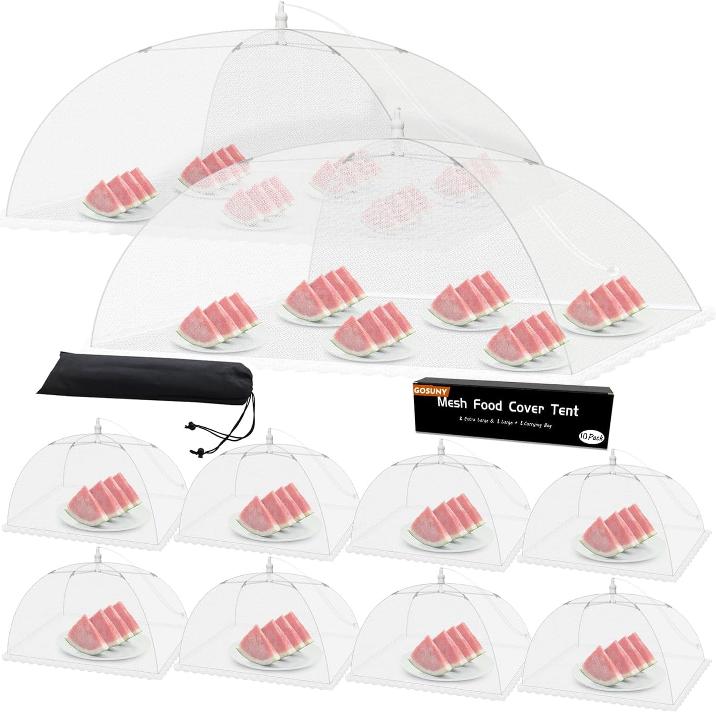 Mesh Food Covers for Outdoors - 10 Pack Upgraded 2 Extra Large 40x24 in & 8 Large 17x17 in Outdoor Party Food Cover Tent Collapsible Picnic Nets Umbrella Screen Pop Up Food Dome for Outside (White)