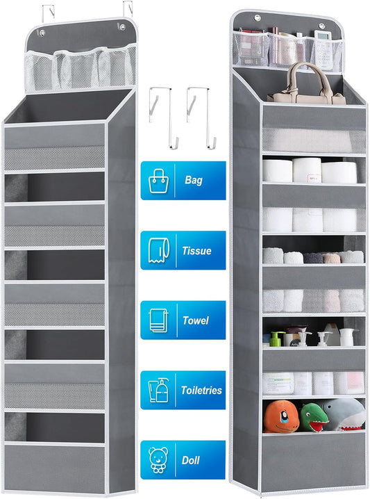 Over the Door Organizers - 6 Shelf Hanging Door Organizer with Large Pockets, Anti Tilt 44 lb Load Behind Door Organizer for Bedroom,Nursery,Bathroom,Kitchen,Dorm,Shoe - 1 Pack,Grey