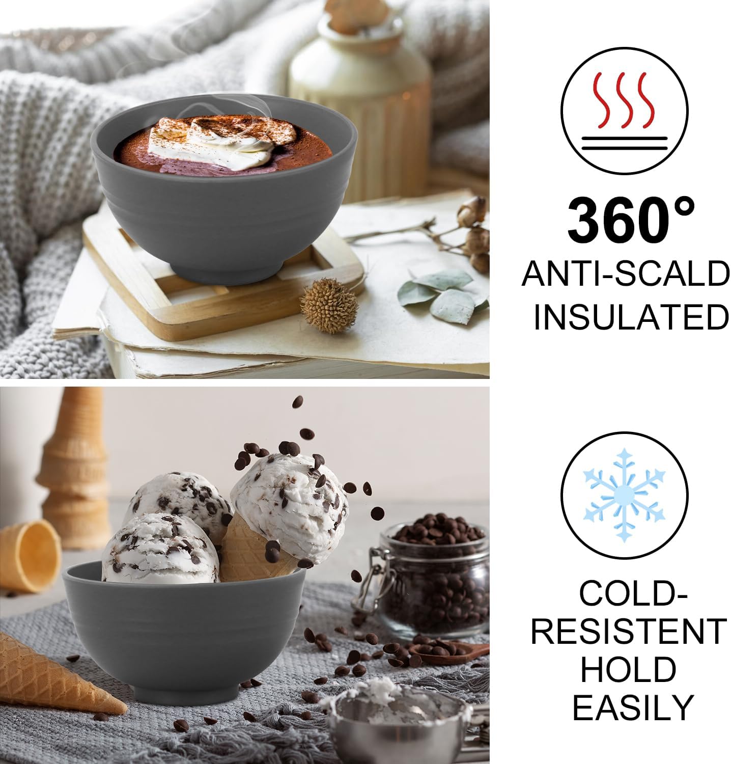 wheat straw small bowls 10oz set of 8 - Unbreakable Dessert Bowls for kids - Mini Bowl Sets for Ice Cream,Snack and Fruits - Microwave & Dishwasher Safe Appetizer Bowls (Deep Grey)