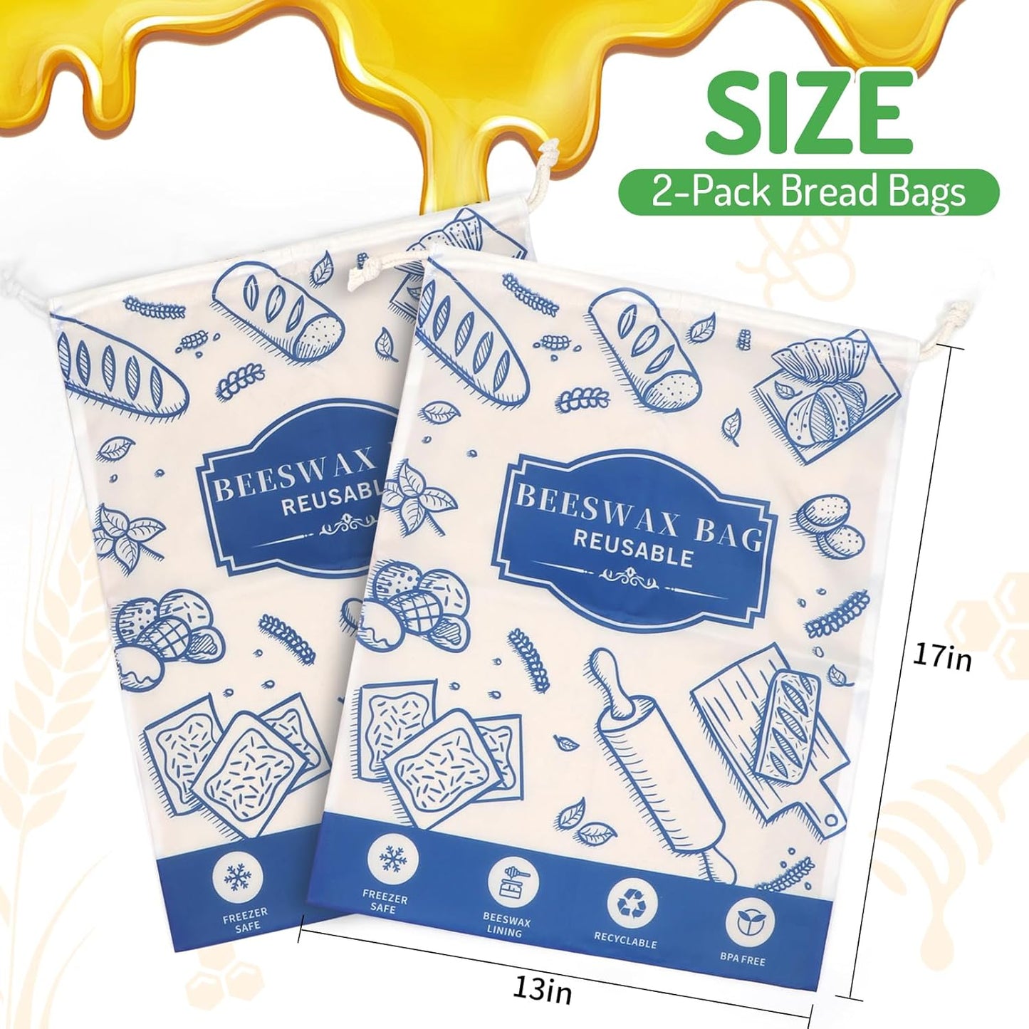 2-Pack Beeswax Bread Bags for Homemade Bread，Reusable Sourdough Storage Bags with Premium Beeswax Coating for Loafs Baguette Fresh Keeping,Great Baking Essentials and Gifts for Families & Friends.