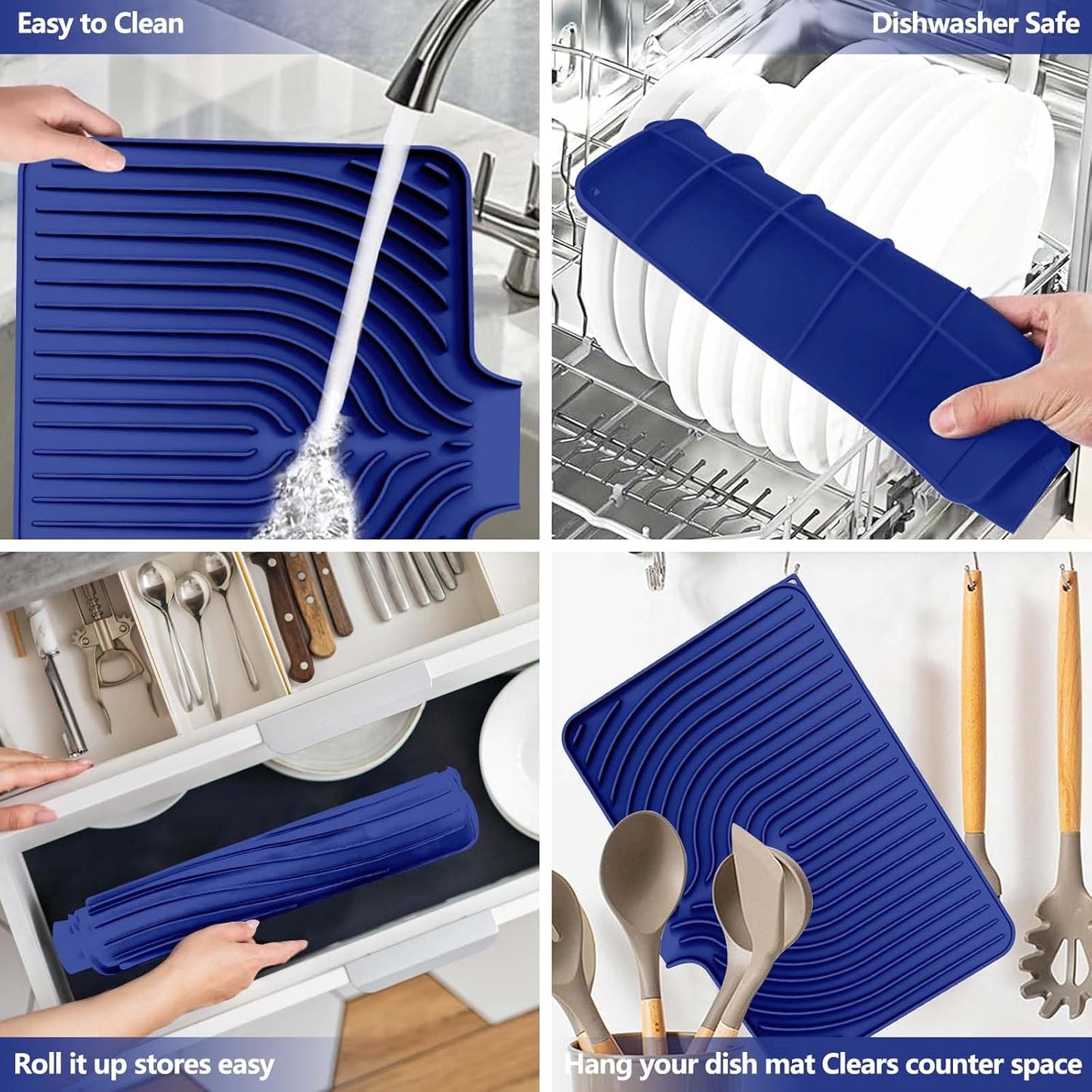 Silicone Dish Drying Mat for Kitchen Counter with Built-in Drain, Easy Clean Pad for Countertop Protection, Fast Self-Draining Slope, Non-Slip, Multiple Use 17.7 x 11.8 Inch (Midnight Blue)