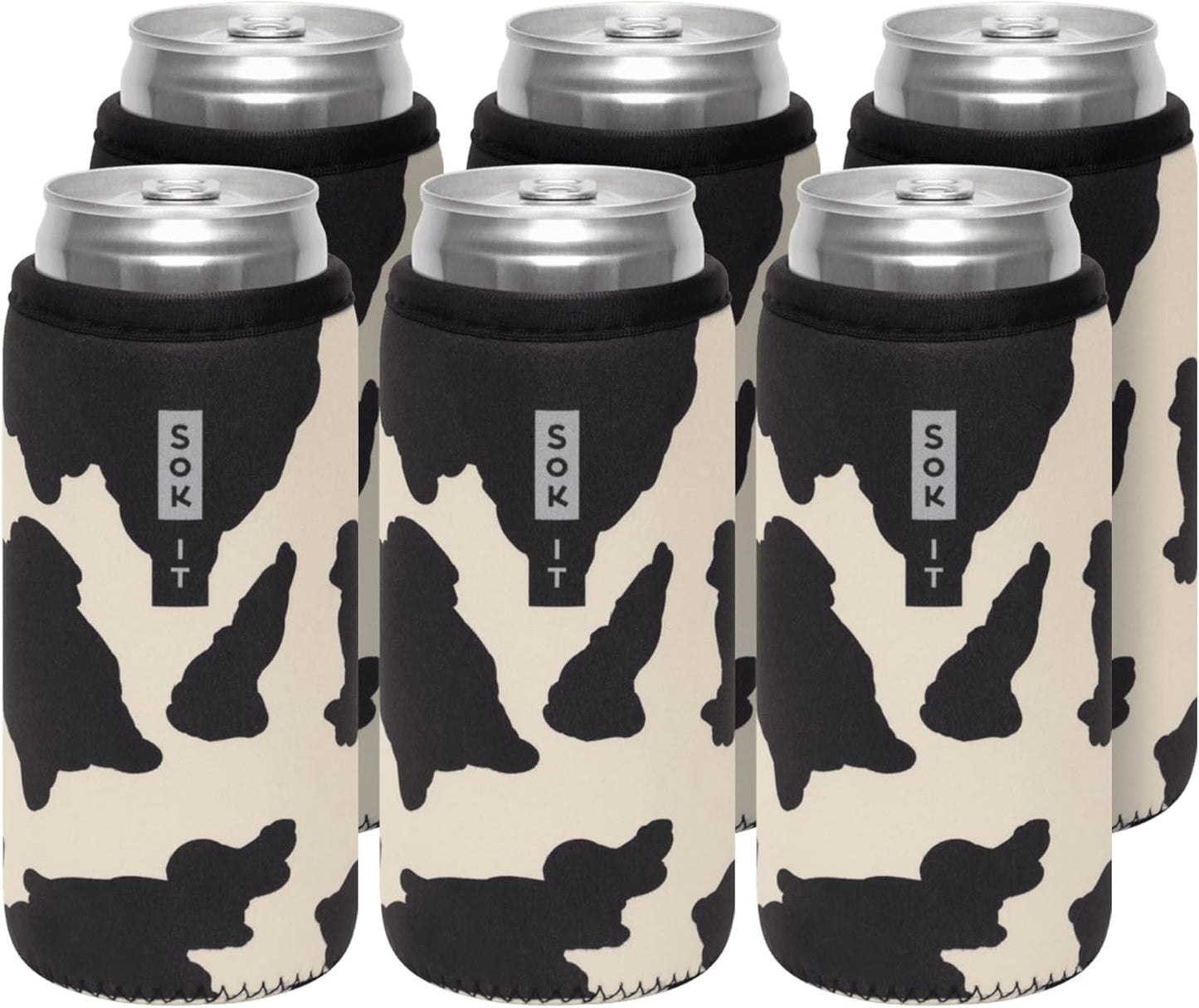 Sok It CanSok 6 Pack Sleeve for Beer & Soda Insulated Neoprene Cover (Cow Print, 12oz Slim Can Sleeve - 6 Pack)