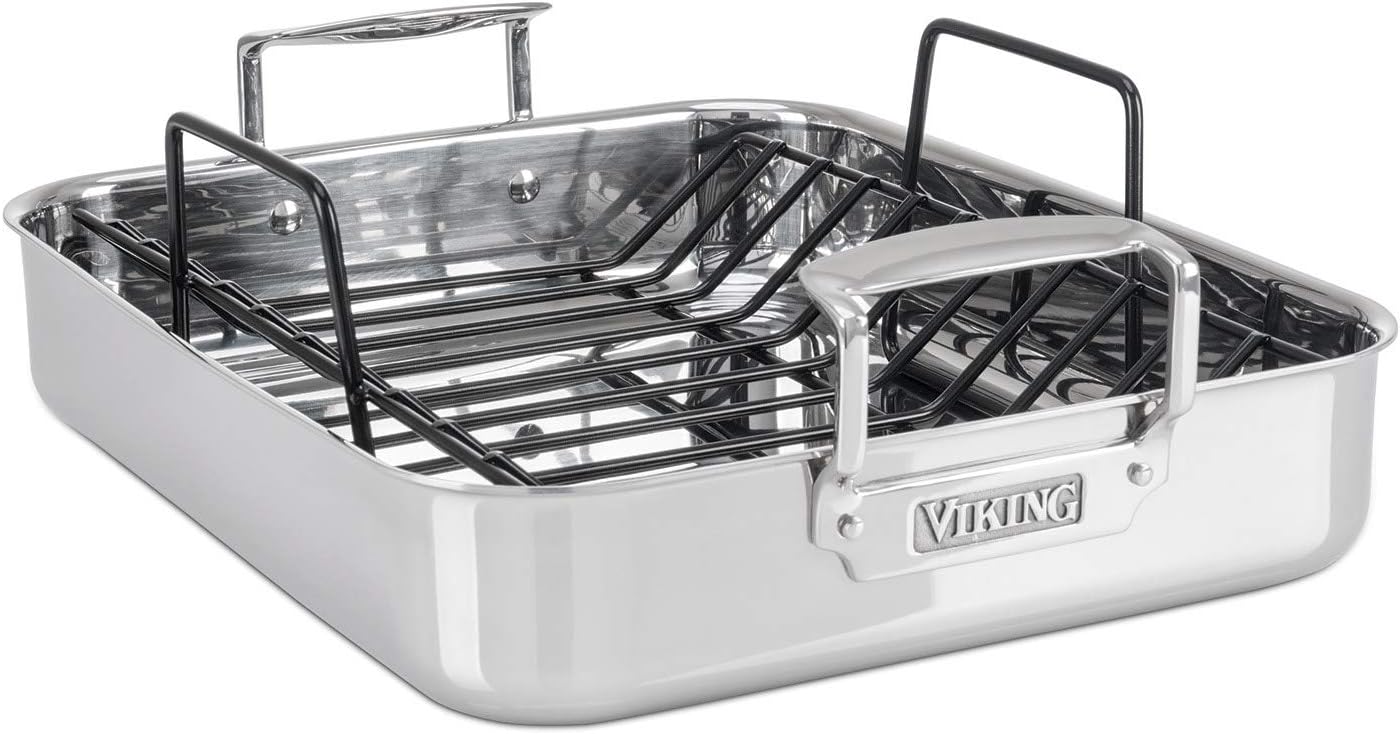 Viking 3-Ply Stainless Steel Roasting Pan with Non Stick Rack, 16 x 13 Inch Kitchen Cookware, Great for Turkey, Dishwasher and Oven Safe, Induction Ready, Silver
