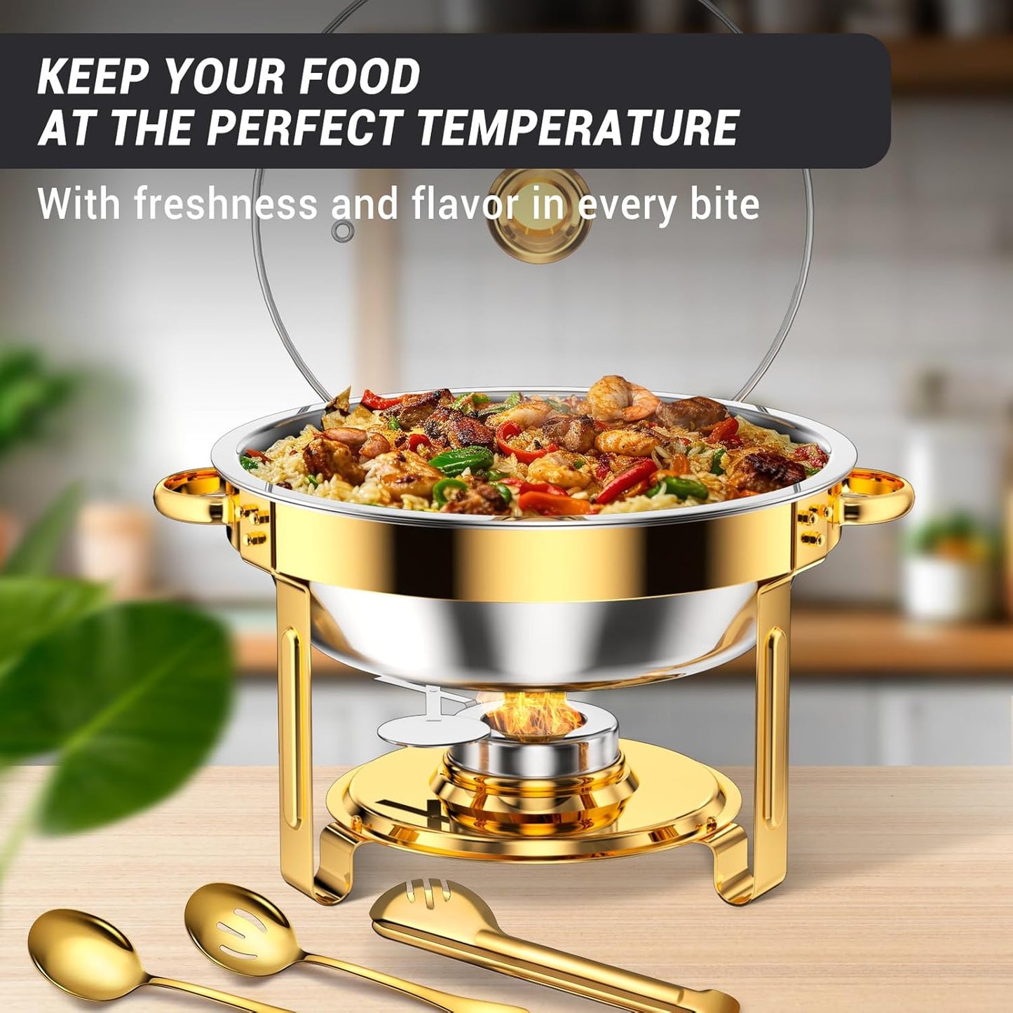 Round Chafing Dishes for Buffet 5 Qt,High Grade Chafing Dish Buffet Set, Full Size Pan,Rolled-Edge Design Food Warmers for Parties,Buffet,Wedding,Birthday,Camping 4 PACK (Gold-Glass)