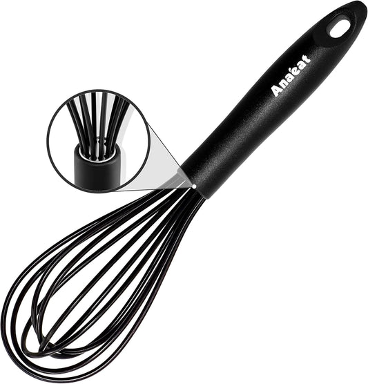 Anaeat 8.5" Silicone Balloon Whisk, Perfect for Non-Stick Cookware, Milk and Egg Beater Blender, Heat Resistant Kitchen Whisks for Whisking, Cooking, Baking, Beating, Frothing & Stirring (Black)
