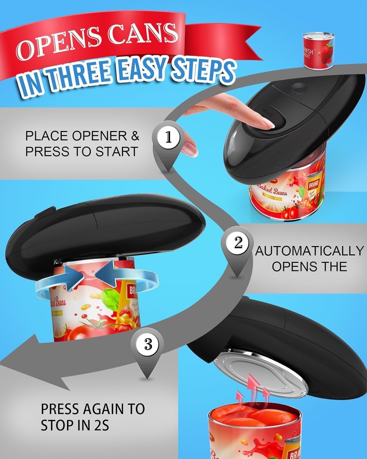 Effortless One-Touch Electric Can Opener, Safety Automatic Can Opener with Smooth Edge Fits All Cans Sizes, Battery operated Can Opener for Seniors with Weak Hands,Arthritis (black)