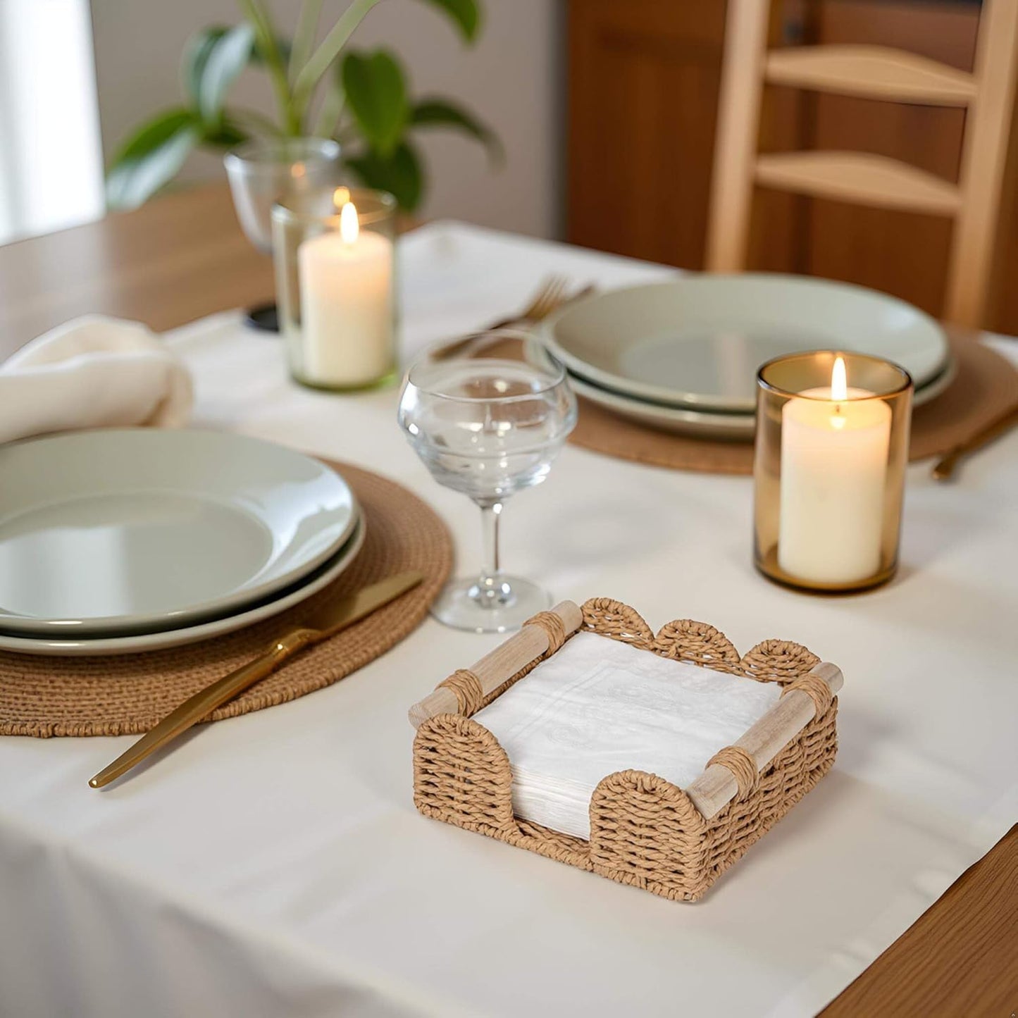 CubesLand Scalloped Napkin Holder for Table, Farmhouse Warming Home Kitchen Decor, Paper Rope Flat Napkin Dispenser Guest Towel Tray for Bathroom, Disposable Napkin Basket for Dining Table, Neutral