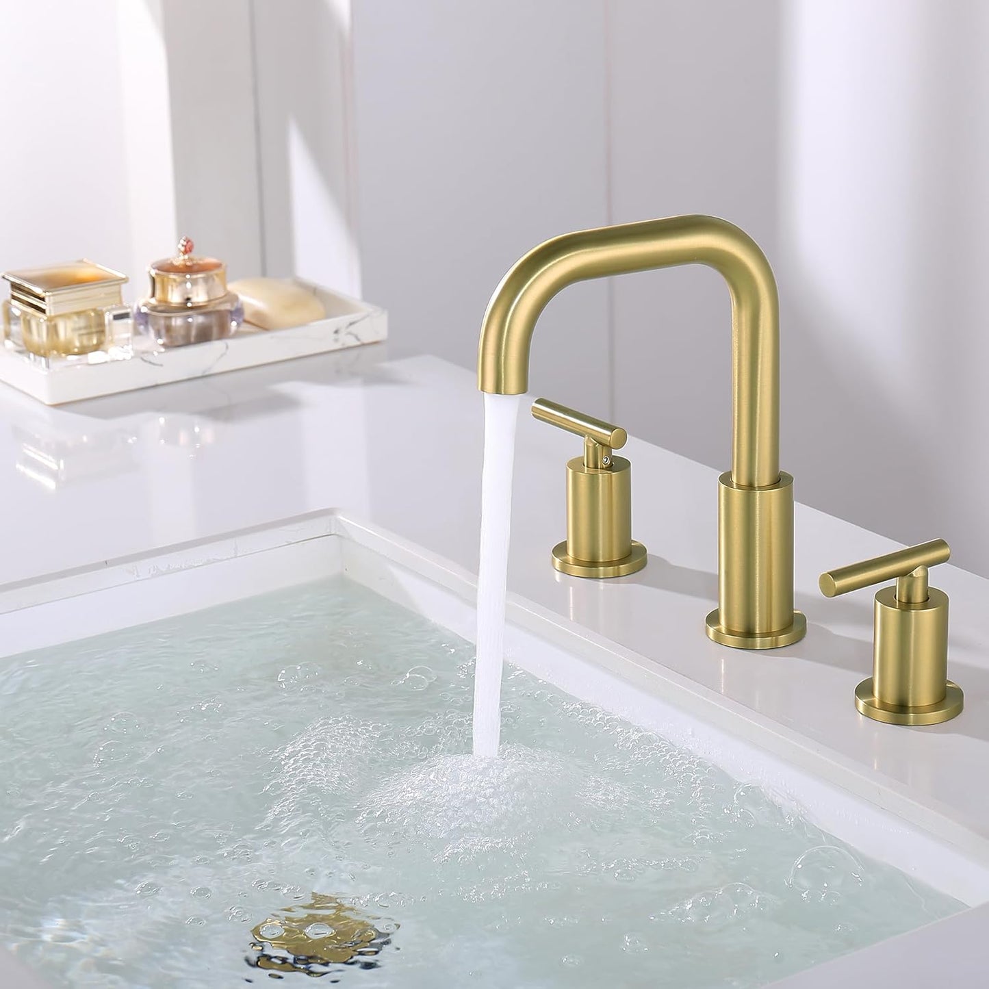 Gold Bathroom Faucet with Drain and Supply Hose, 2 Handles Brushed Gold Widespread Bathroom Faucet for Sink 3 Hole, Bathroom Faucet Gold CH3166BG
