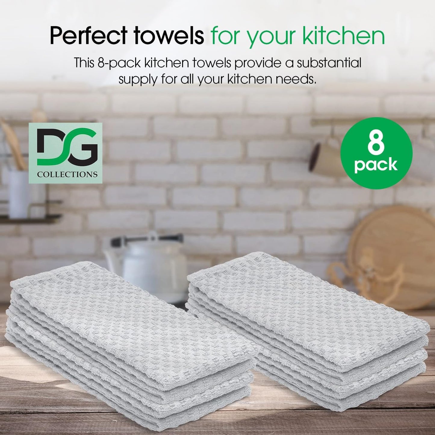 DG Collections Ash Grey Kitchen Towels - 100% Cotton Terry Tea Towels for Cleaning, Drying, and Highly Absorbent Kitchen Dish Cloth for Bar Cleaning - 8 Pack - 15 x 25 Inches