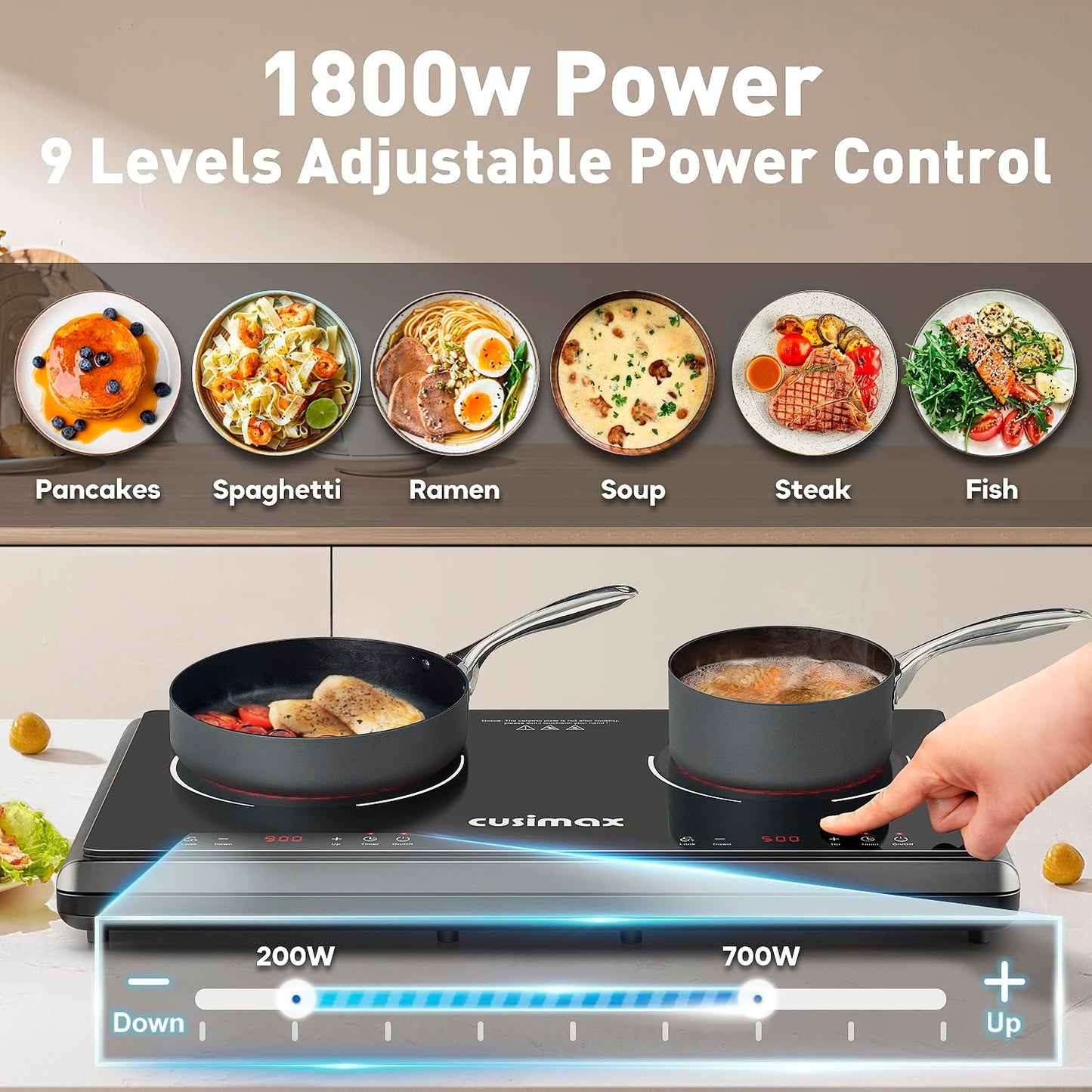 Electric Stove,Cusimax Electric Hot Plate for Home,9 Temperature and 1800w Power Level,Double Infrared Burner with Sensor Touch,Kids Safety Lock,Timer,Ceramic Countertop Stove