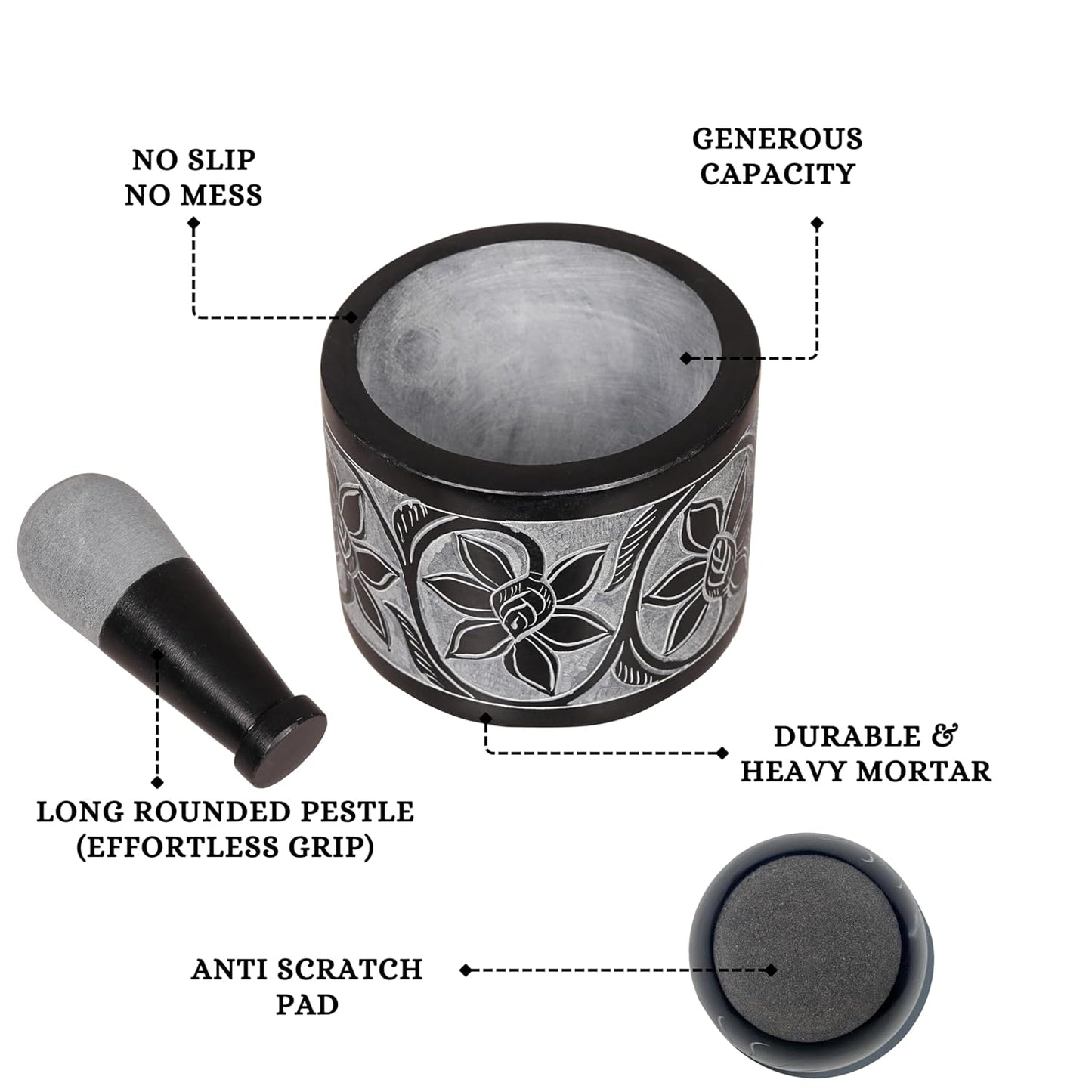 Mortar and Pestle, Made of Heavy Duty Polished Hard Stone, Natural Stone Grinder for Spices, Pastes, Herbs, Seasoning etc. (Ember)