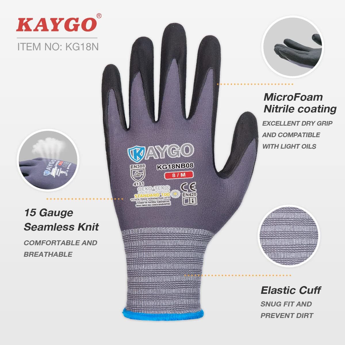 KAYGO Safety Work Gloves MicroFoam Nitrile Coated-12 Pairs, KG18NB,Seamless Knit Nylon Glove with Black Micro-Foam Nitrile Grip,Ideal for General Purpose,Automotive,Home Improvement,medium