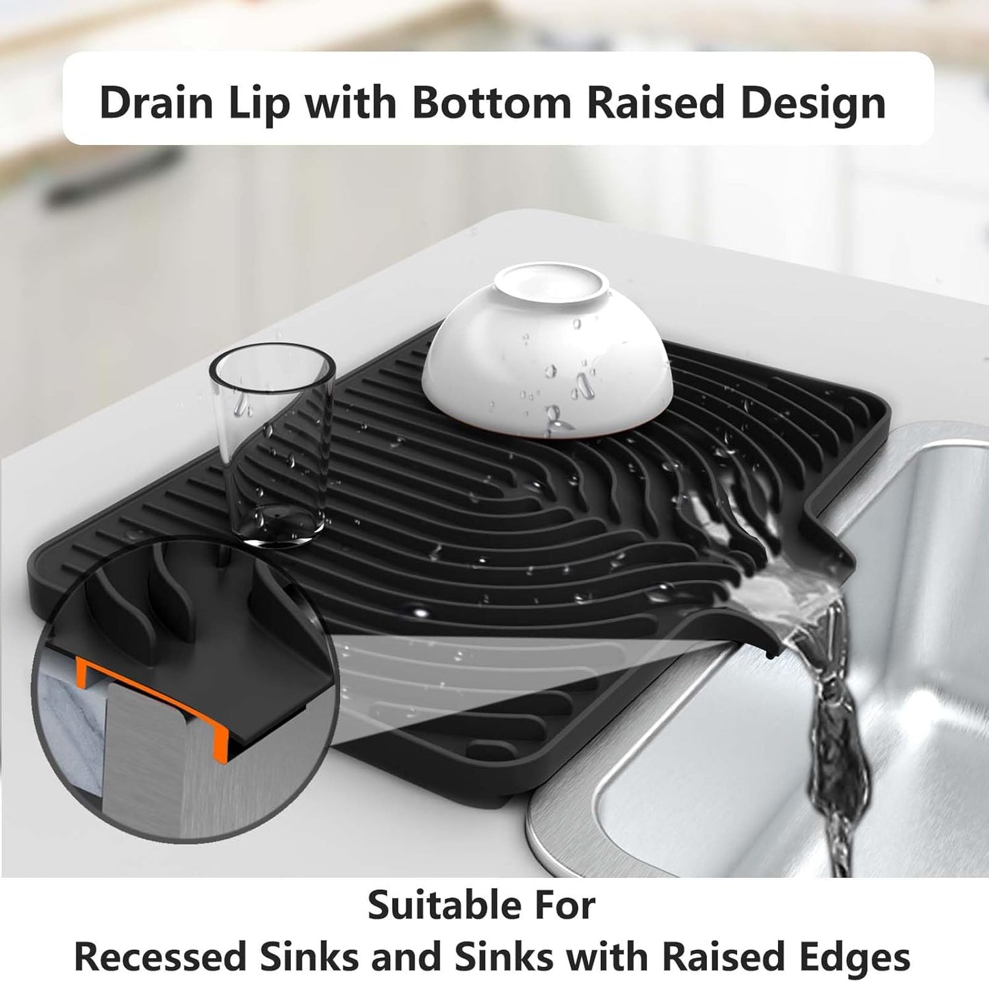 Silicone Dish Drying Mat for Kitchen Counter with Built-in Drain, Easy Clean Pad for Countertop Protection, Fast Self-Draining Slope, Non-Slip, Multiple Use 18 x12 Inch(Black)