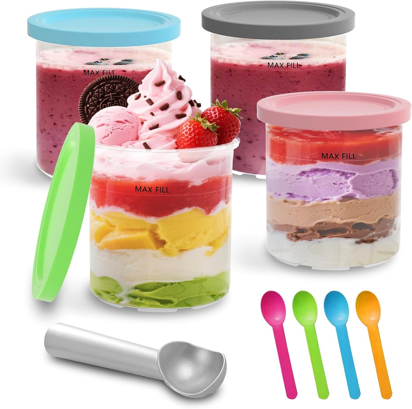 Containers Replacement for Ninja Creami Pints and Lids - 4 Pack, 16oz Pints Compatible with NC301 NC300 NC299AMZ Series Ice Cream Maker - Dishwasher Safe, Leak Proof Lids Pink/Mint/Grey/Blue