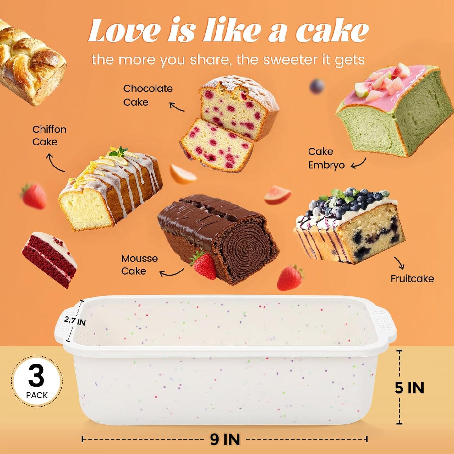 SJ Silicone Bread Loaf Pan with Metal Reinforced Frame, 9.5 x 5 in Non-stick Silicone 1 lb Loaf Pan for Baking, 3 Pack Durable Bread Pan for Oven Dishwasher Safe - Cream