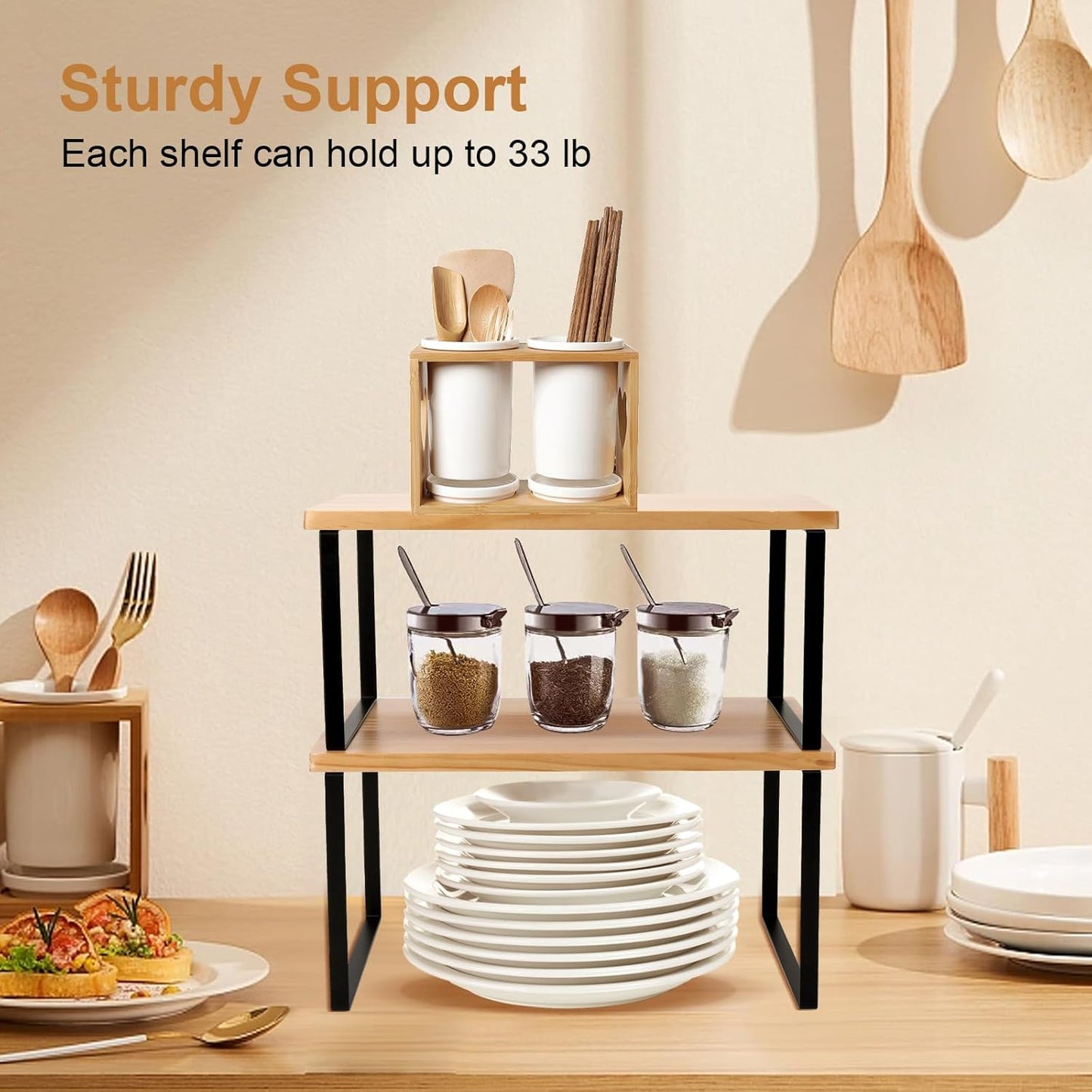 Bamber Large Cabinet Shelf Organizers Solid Wood Spice Rack Organizer for Cabinet Kitchen Countertop Storage, 16.5x10 Inches, Set of 2