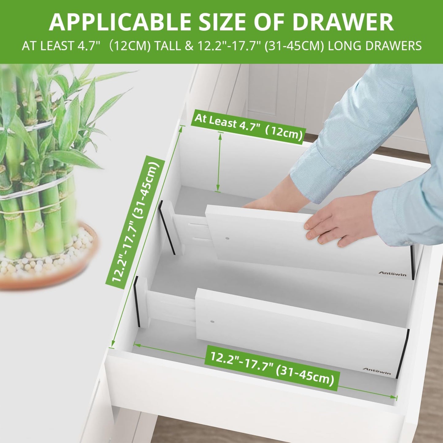 ANTOWIN 4 Pack Expandable Drawer Dividers, 4.7'' High, Extend from 12.2'' to 17.7'', Dresser Drawer Organizers, Bamboo Separators for Kitchen, Bedroom, Office, Bathroom (White)