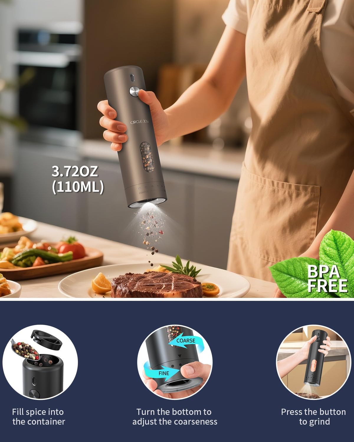 CIRCLE JOY Rechargeable Electric Salt and Pepper Grinder Set with Base, Automatic Pepper Mills with 110ml Container, External Adjustable Coarseness, White Led Light and One-Handed Operation, Brown