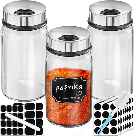 Segarty Spice Jars Set, 3 Pack 6 oz Glass Spice Jar with Labels, Seasoning Bottles Set with 136 Blank Stickers, 1 Chalk Marker, 1 Brush, Salt and Pepper Shakers with Ajustable Holes Lids