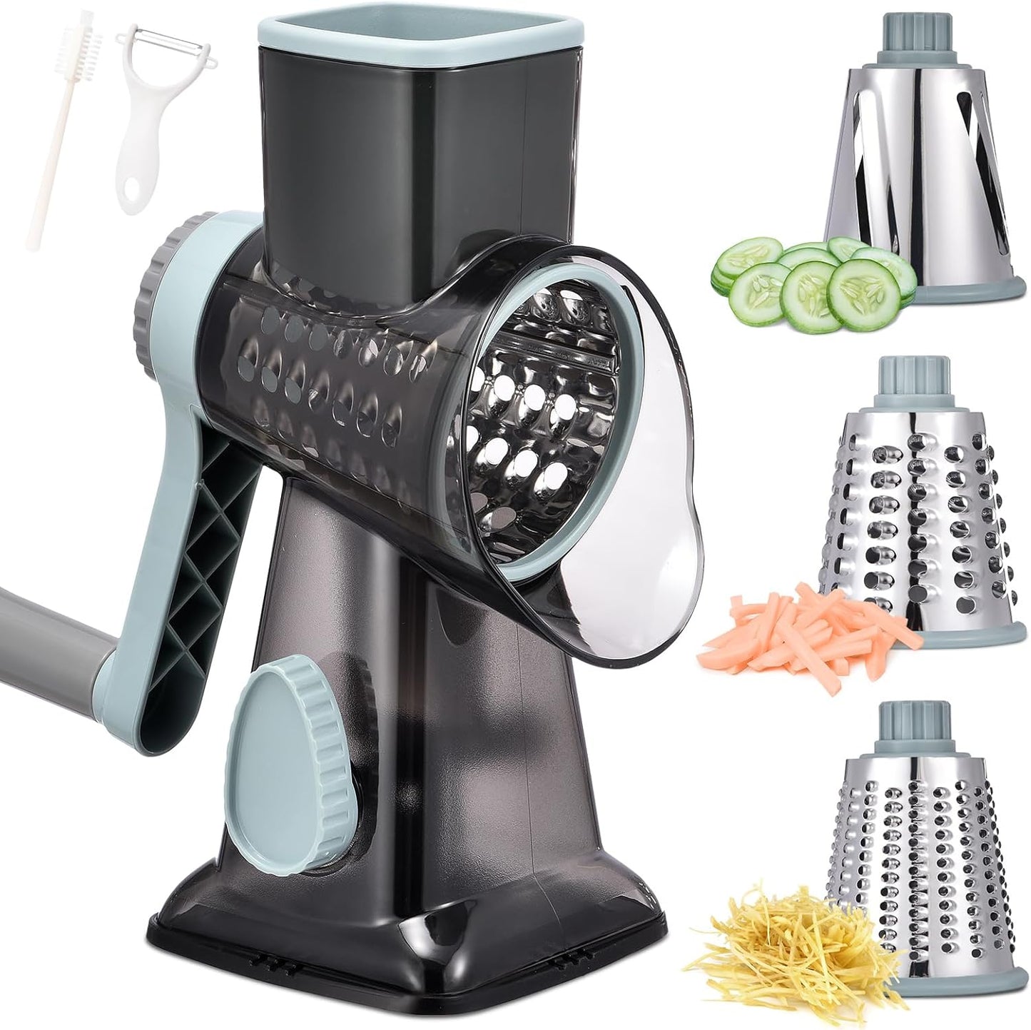 Rotary Cheese Grater with Handle Kitchen Shredder Slicer Grater Slicer Ice Shaver Cheese Vegetable Nuts Potato Zucchini Chocolate 3 Interchangeable Blades (blue)