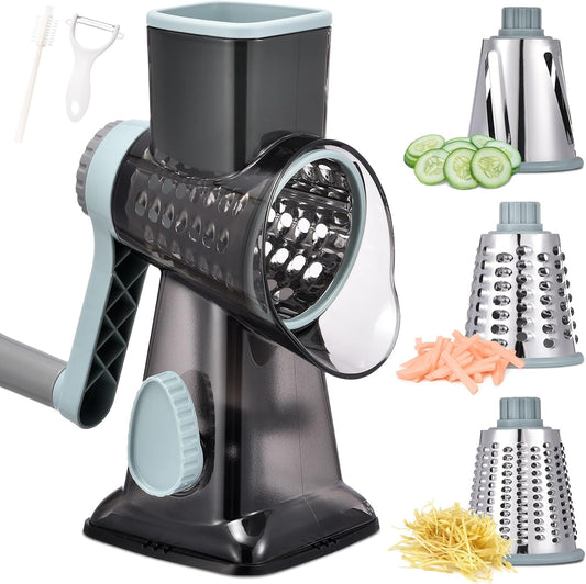 Rotary Cheese Grater with Handle Kitchen Shredder Slicer Grater Slicer Ice Shaver Cheese Vegetable Nuts Potato Zucchini Chocolate 3 Interchangeable Blades (blue)