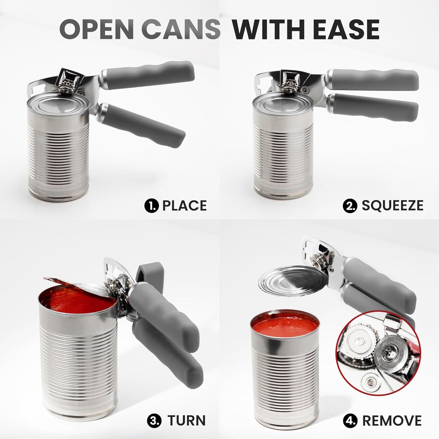 Zulay Kitchen Heavy Duty Stainless Steel Can Opener Manual with Bottle Opener - Rust Proof Manual Can Opener With Turn Knob & Comfy Soft Grip Handles - Light Gray