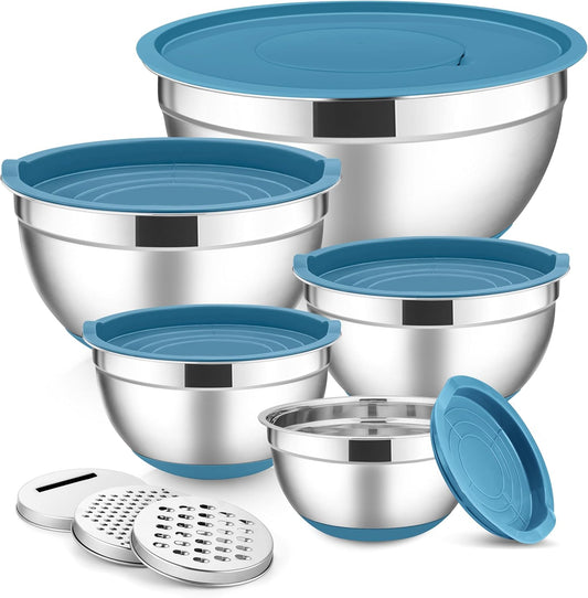 E-far Stainless Steel Mixing Bowls with Lids Set, 5-Piece Nesting Salad Bowls with 3 Grater Attachments and Non-Slip Bottoms, Size 4.6, 2.6, 2, 1.5, 1QT for Kitchen (Blue)