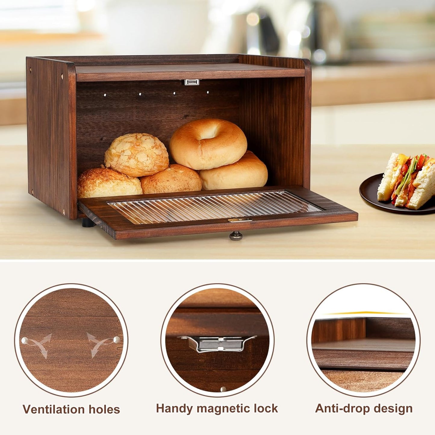 Sunhoo Bread Box for Kitchen Countertop Storage Wooden Breadbox Holder Container Morden Rustic Fresh Bread Keeper Farmhouse Stackable Organizer Bin for Homemade Food Shelf Acrylic Window (Brown)