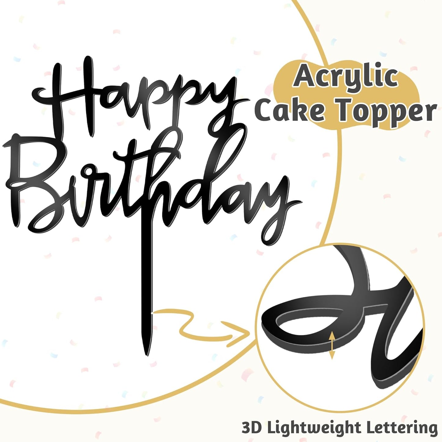 1PCS Acrylic Cake Topper, 4.7 Inches x 5.5 Inches Happy Birthday Cake Topper, Black Birthday Cake Decorations Flower Arrangements Sign for Baby Shower, Anniversary Decor