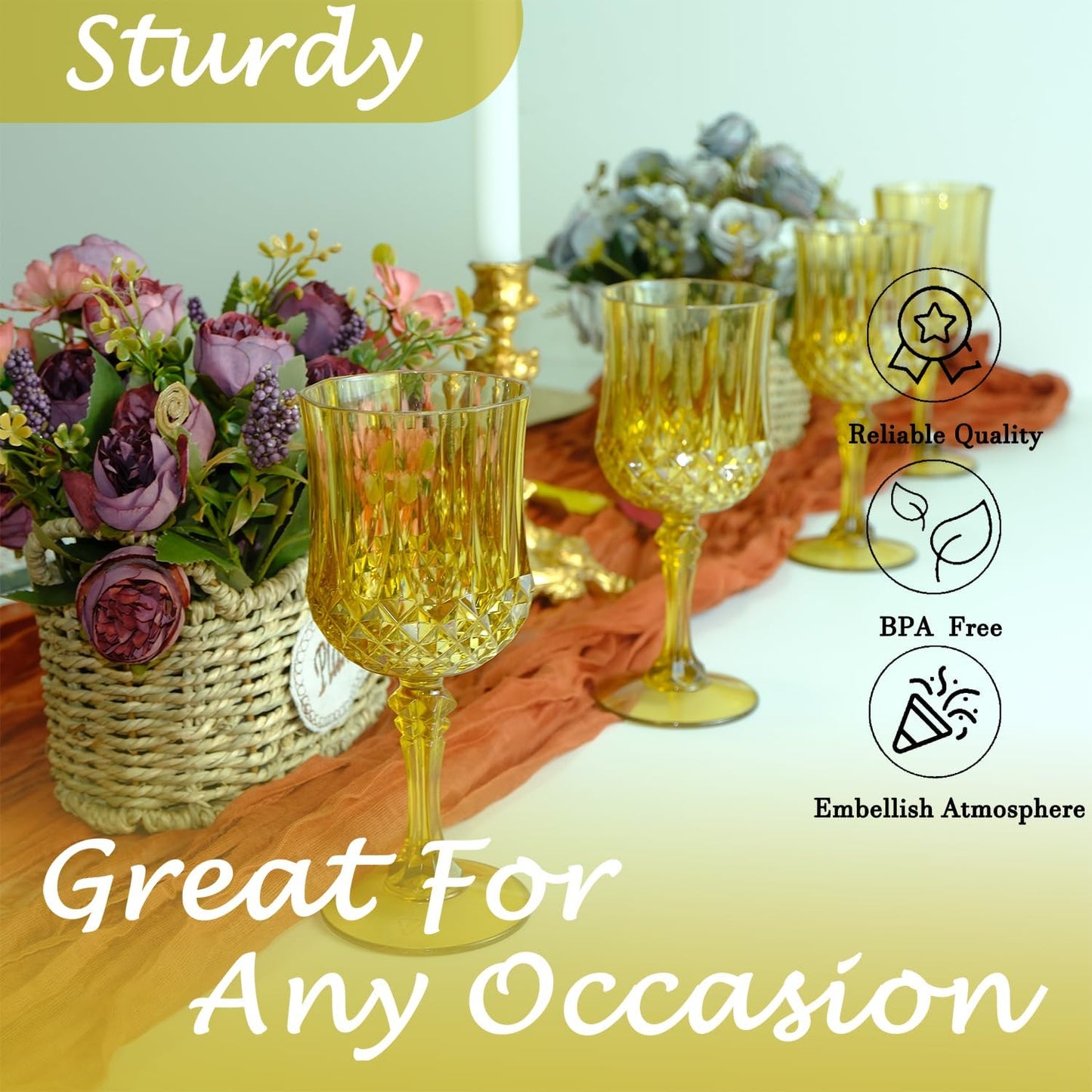 Plastic Wine Glasses，Plastic Goblets Vintage Style Cordial Drinking Glasses for Wedding Reception, Grand Event Party Supplies (48, Gold)