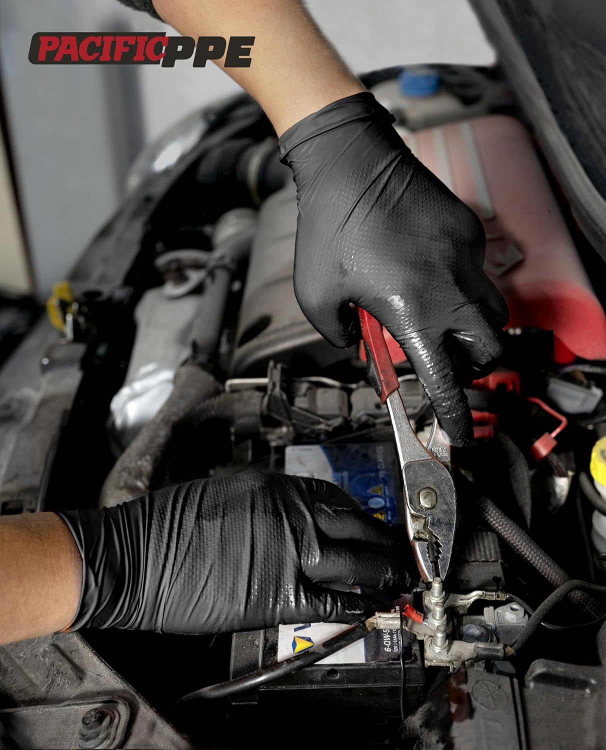 PACIFIC PPE 8 Mil Heavy Duty Black Nitrile Gloves, Food Safe, Latex Free, Mechanic, Fully-Diamond Textured Grip Industrial Disposable Gloves, Large