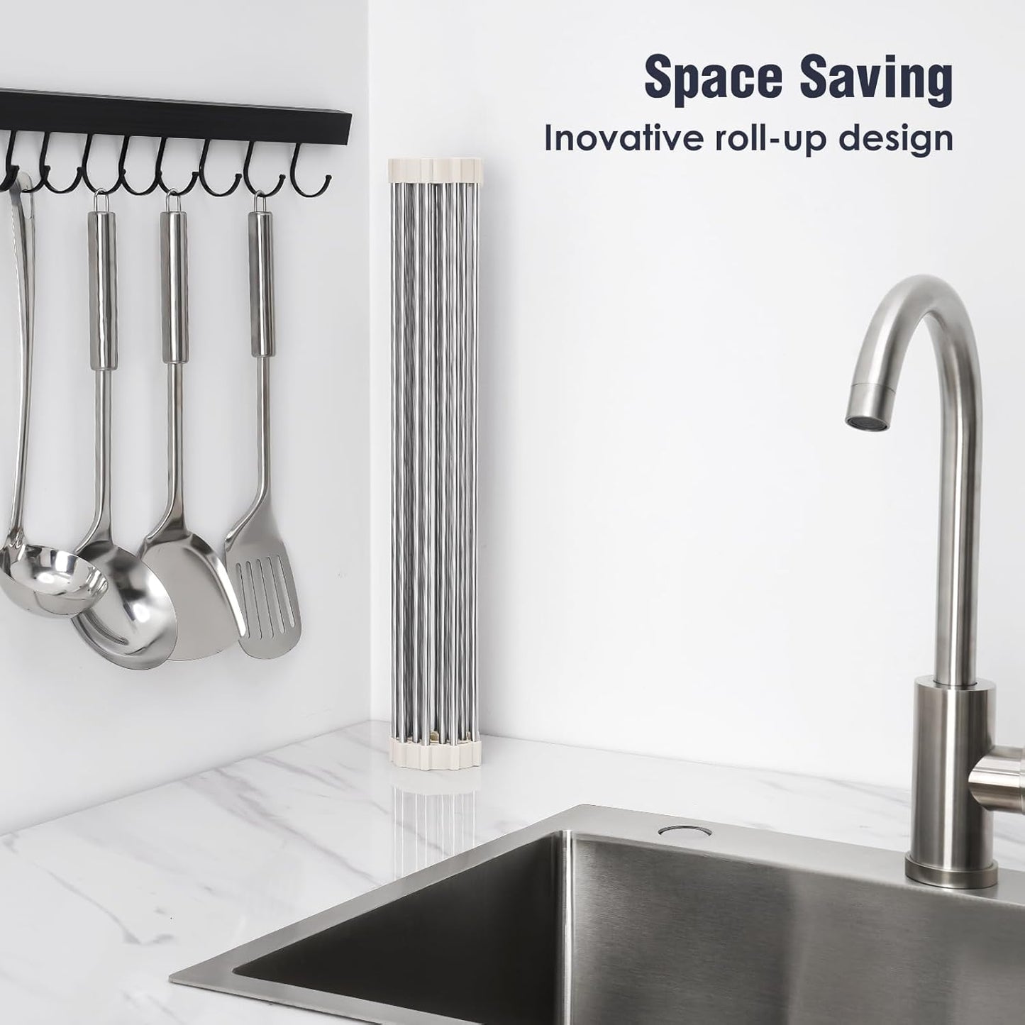 Tomorotec 17.7" x 12.5" Roll Up Dish Drying Rack Over Sink Drying Rack Sink Cover Kitchen Sink Accessories Gadget Multipurpose Organizer Foldable Stainless Steel Drainer