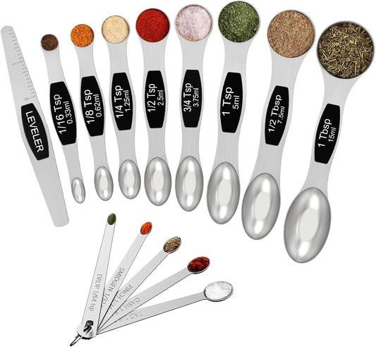 Wildone 14 Pack Stainless Steel Measuring Spoons Set, Including 8 Double Sided Magnetic Measuring Spoons(Black), 1 Leveler & 5 Mini Measuring Spoons, for Dry & Liquid Ingredients, Fits in Spice Jar