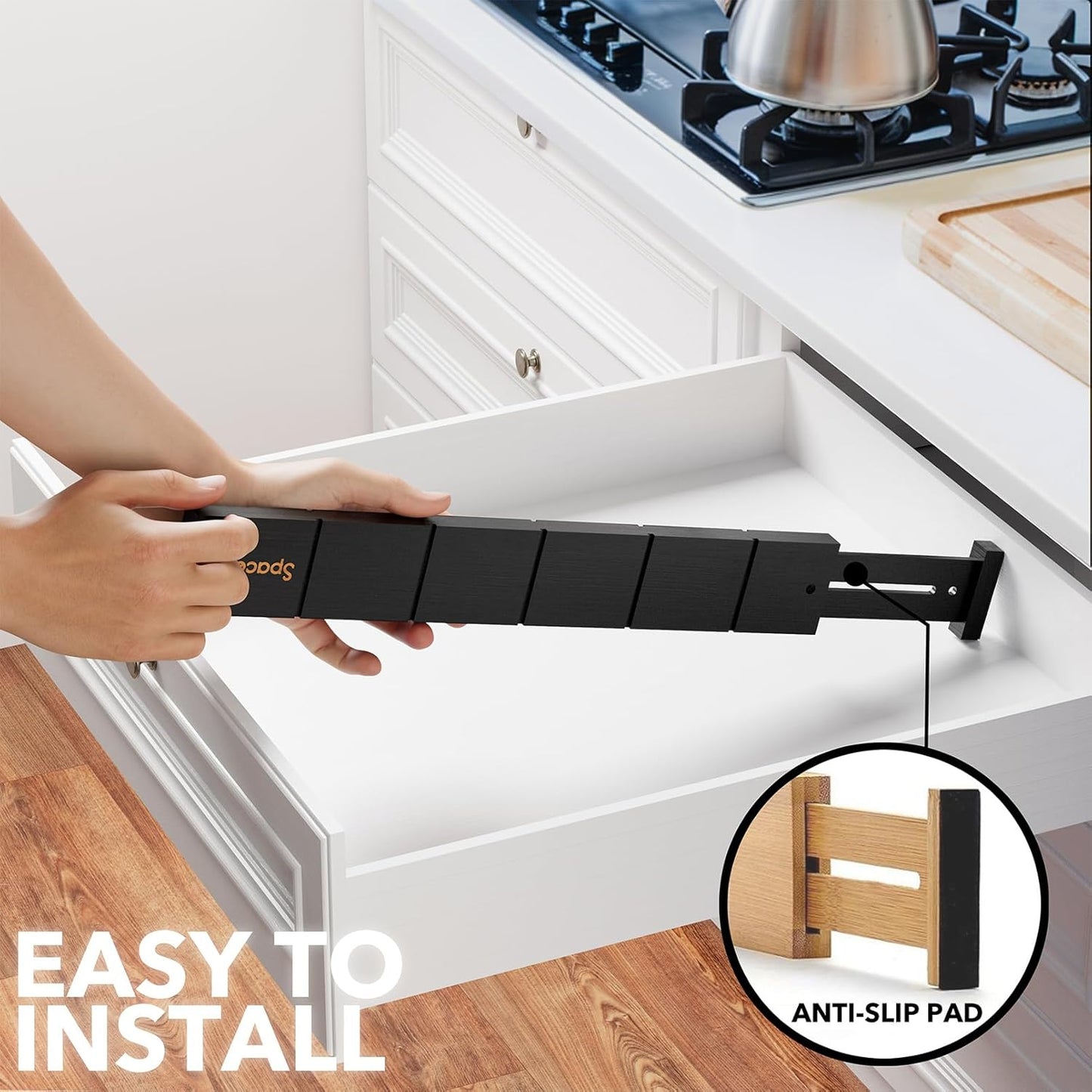 SpaceAid Bamboo Drawer Dividers with Inserts and Labels, Kitchen Adjustable Drawer Organizers, Expandable Organization for Home, Office, Dressers, 10 Dividers with 24 Inserts (17"-22" Black)