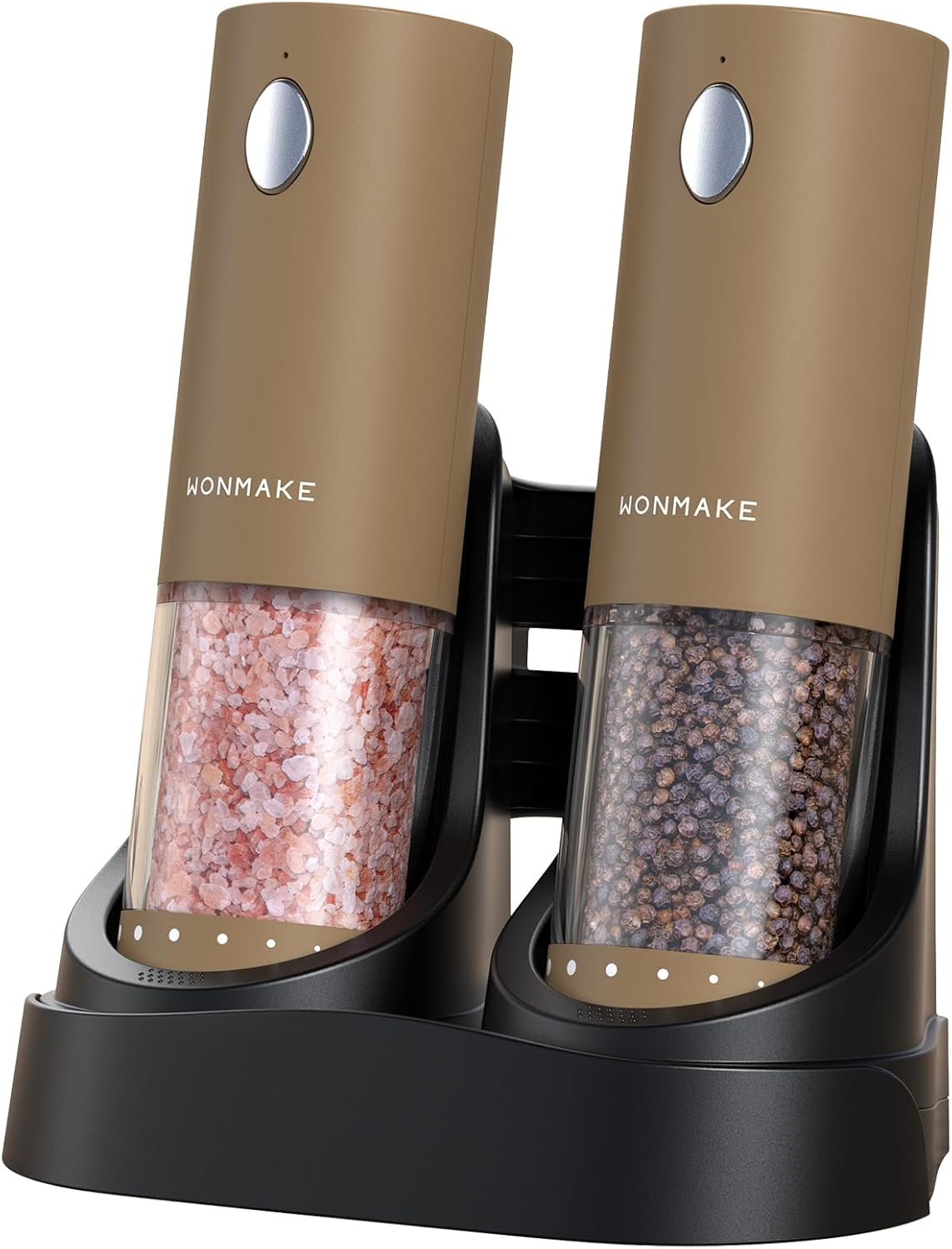 Electric Salt and Pepper Grinder Set - Automatic Refillable Salt and Pepper Grinders with Charging Base & LED Light, 6-Level Adjustable Coarseness with External Dial, Ideal Kitchen Gadget，Brown