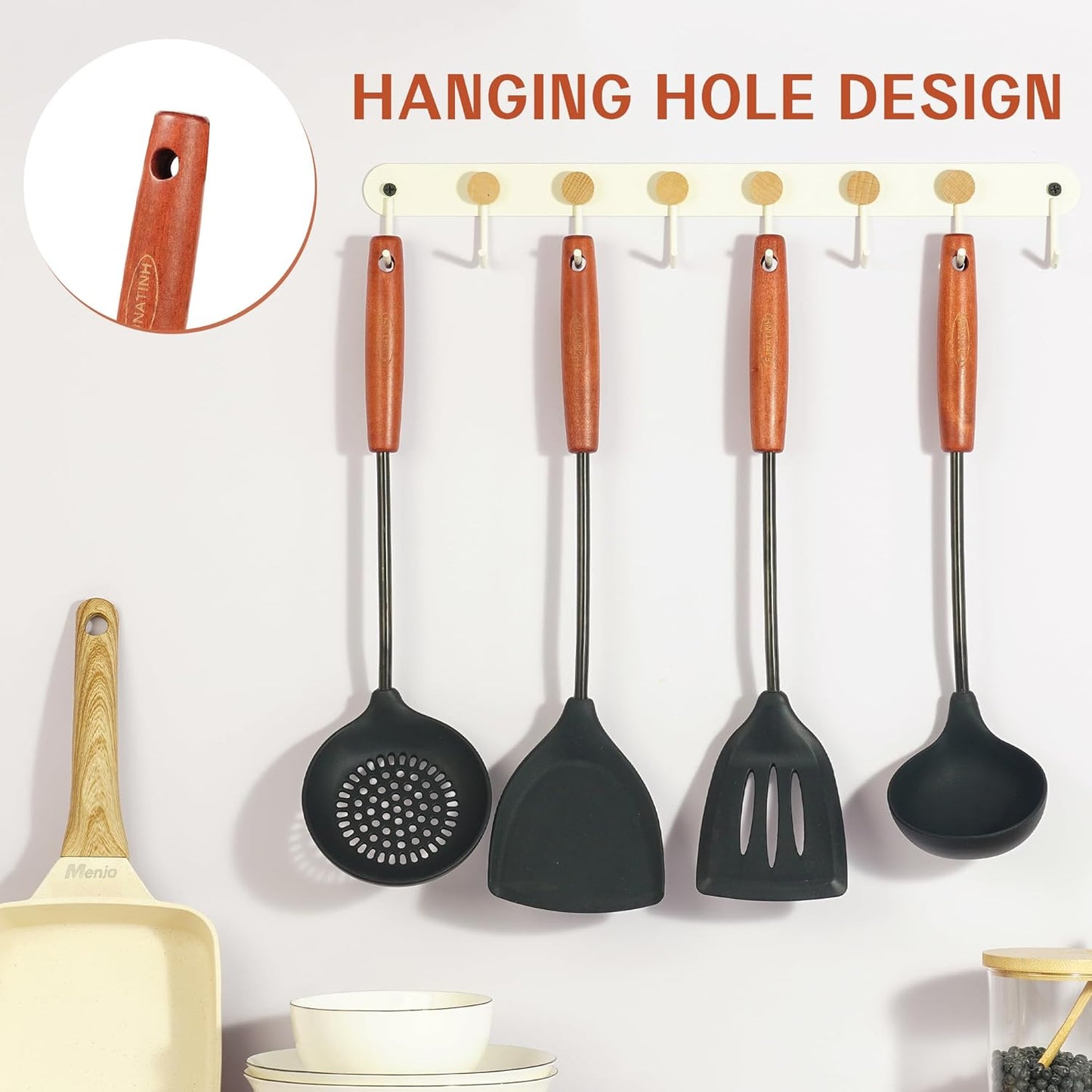 FJNATINH Silicone Wok Spatula,Turner,Ladle,Skimmer Set,Wok Tools, Wok Utensil,Non Stick Heat-Resistant Stainless Steel Cooking Utensils BPA Free Kitchen Utensils Cookware, Pack of 4,Black