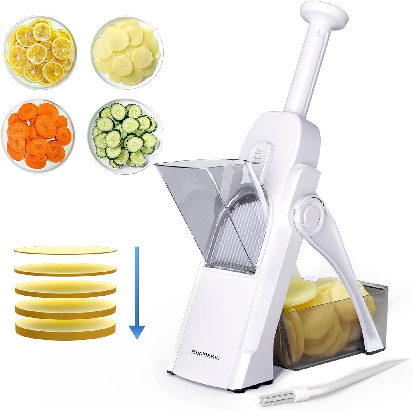 SupMaKin Safe Mandoline Slicer for Kitchen, Potato Slicer for Chips, Vegetable & Food Slicer,Thickness Adjustable 0.1-8 mm, Kitchen Faster Slice Artifact White (Only Slice)