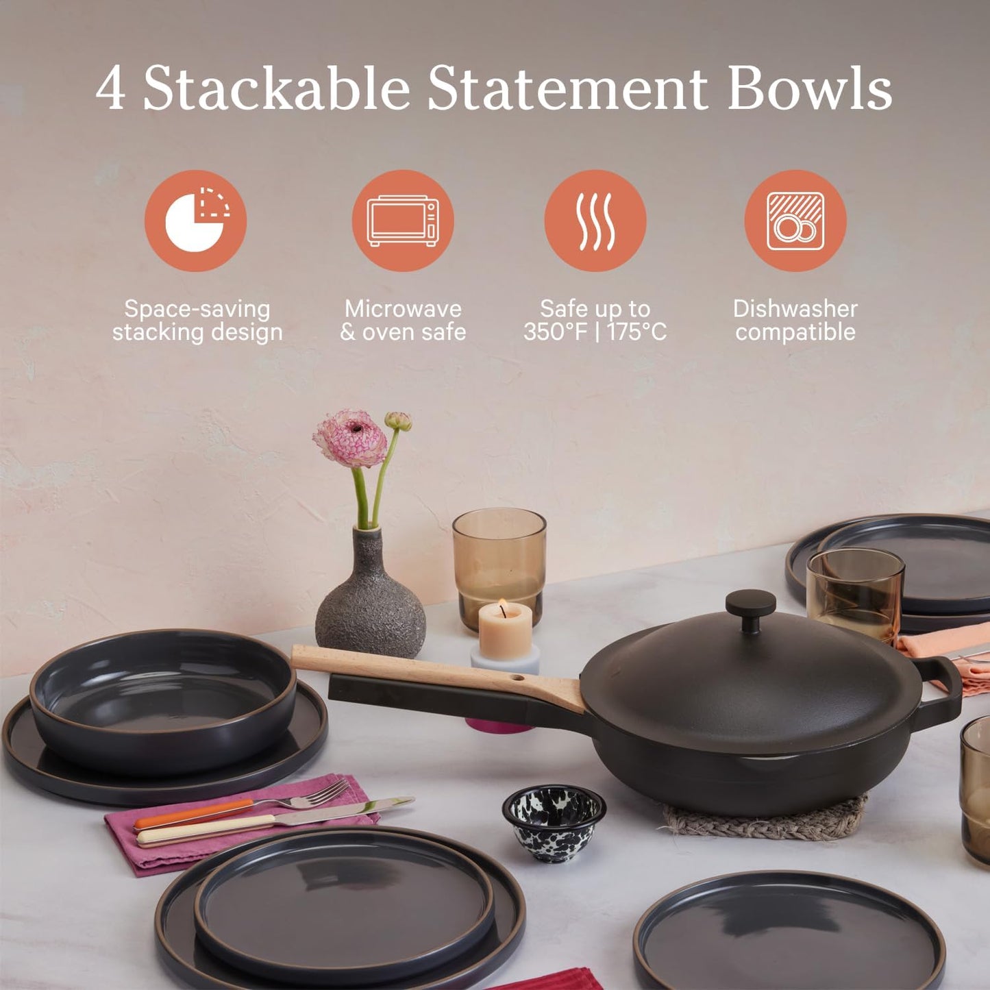 Our Place Dinner Bowls - Set of Four 8.5" Handcrafted Ceramic Pasta Bowls | Deep Plate Bowl Hybrid for Salads, Rice & More | Chip-Resistant, Restaurant-Grade, Stackable, Modular Design | Char