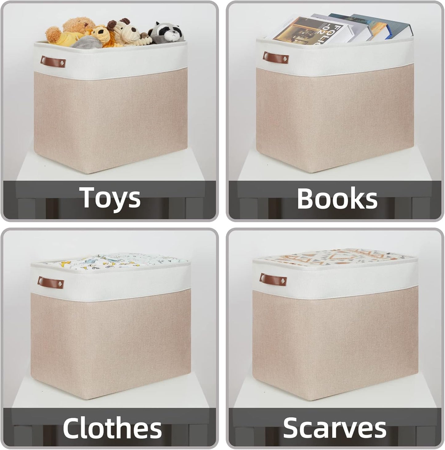 HNZIGE Large Fabric Storage Basket for Shelves, Rectangular Storage Bins Baskets for Storage, Canvas Collapsible Storage Bins with Handles for Organizing Home, Closet(White Beige)