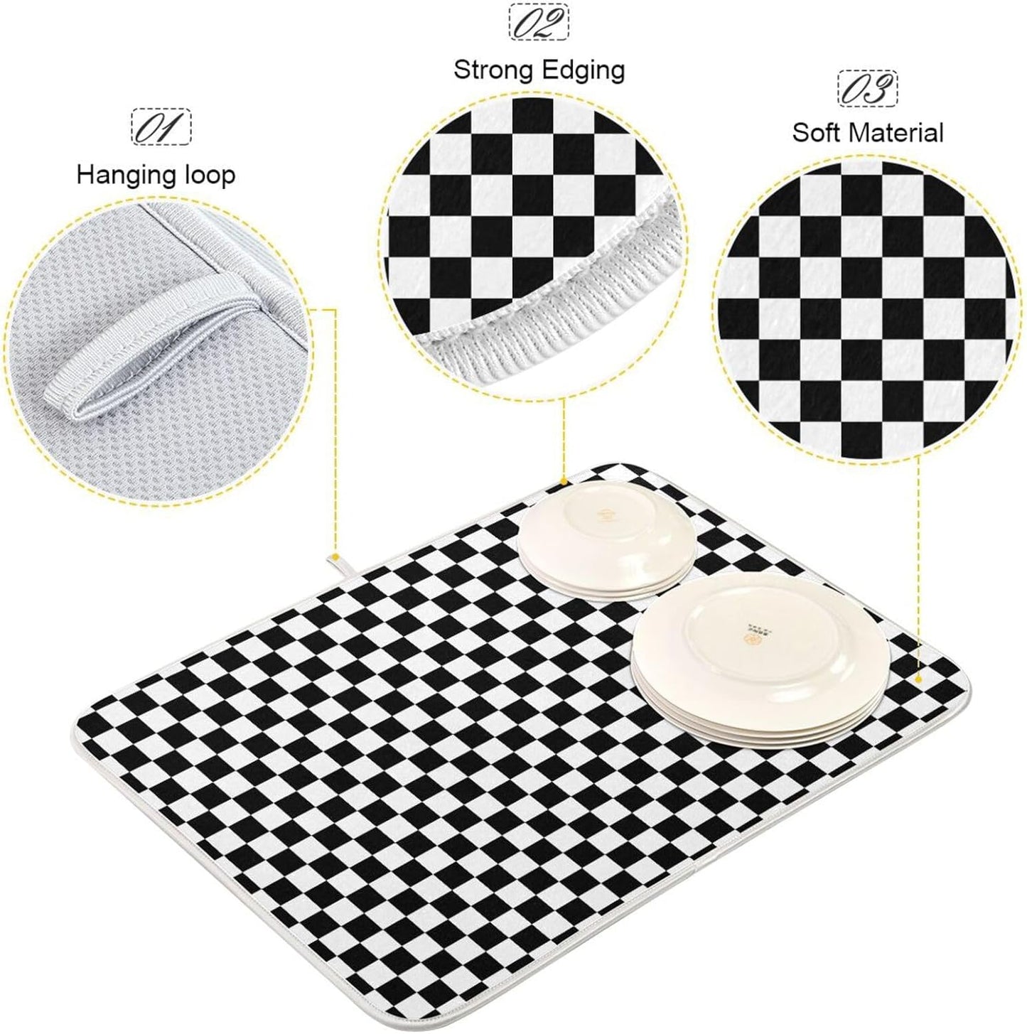 Black White Checkered Pattern Dish Drying Mat for Kitchen Counter Absorbent Microfiber Drying Pad, Large 18x24 in, Reversible Drainer Mats