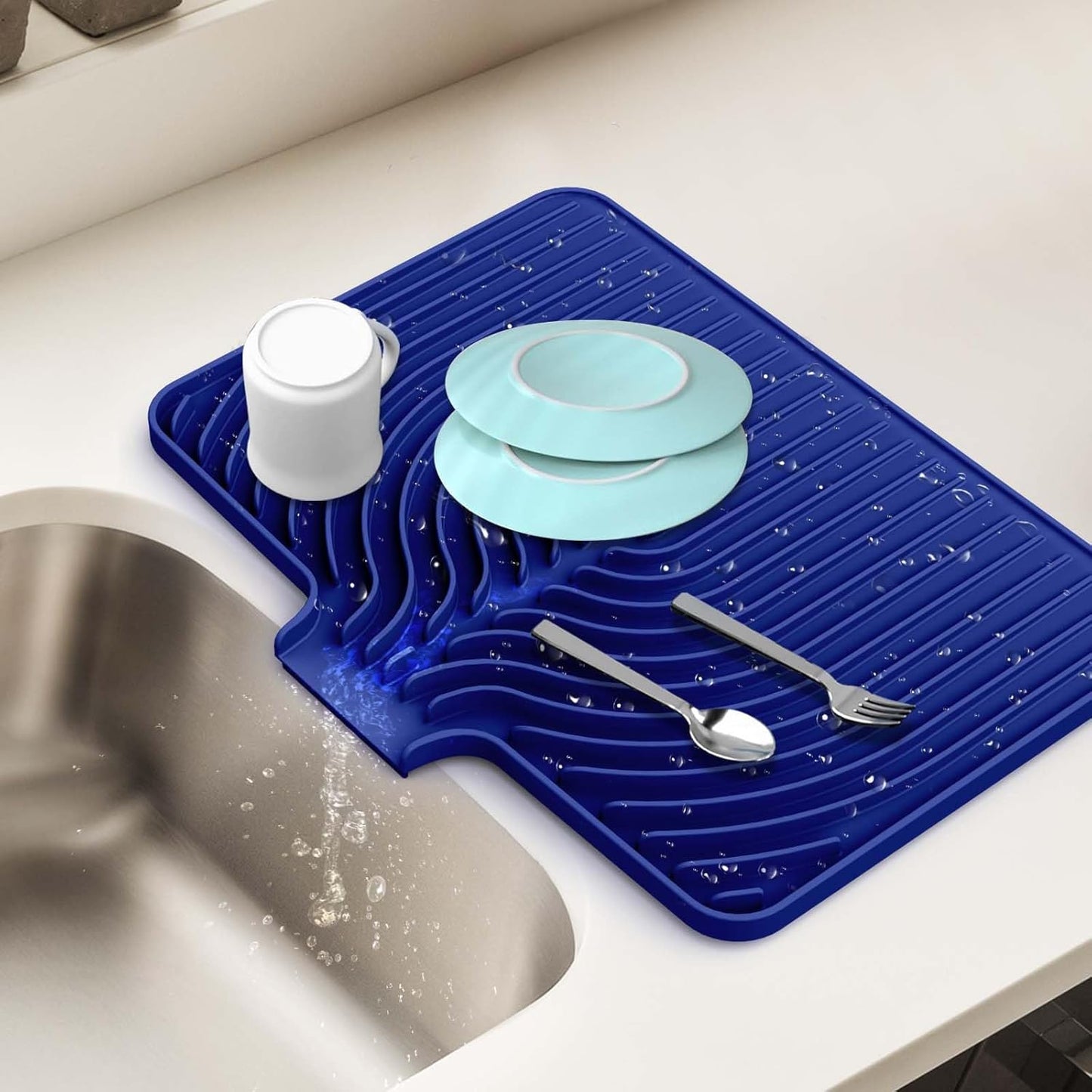 Silicone Dish Drying Mat for Kitchen Counter with Built-in Drain, Easy Clean Pad for Countertop Protection, Fast Self-Draining Slope, Non-Slip, Multiple Use 17.7 x 11.8 Inch (Midnight Blue)