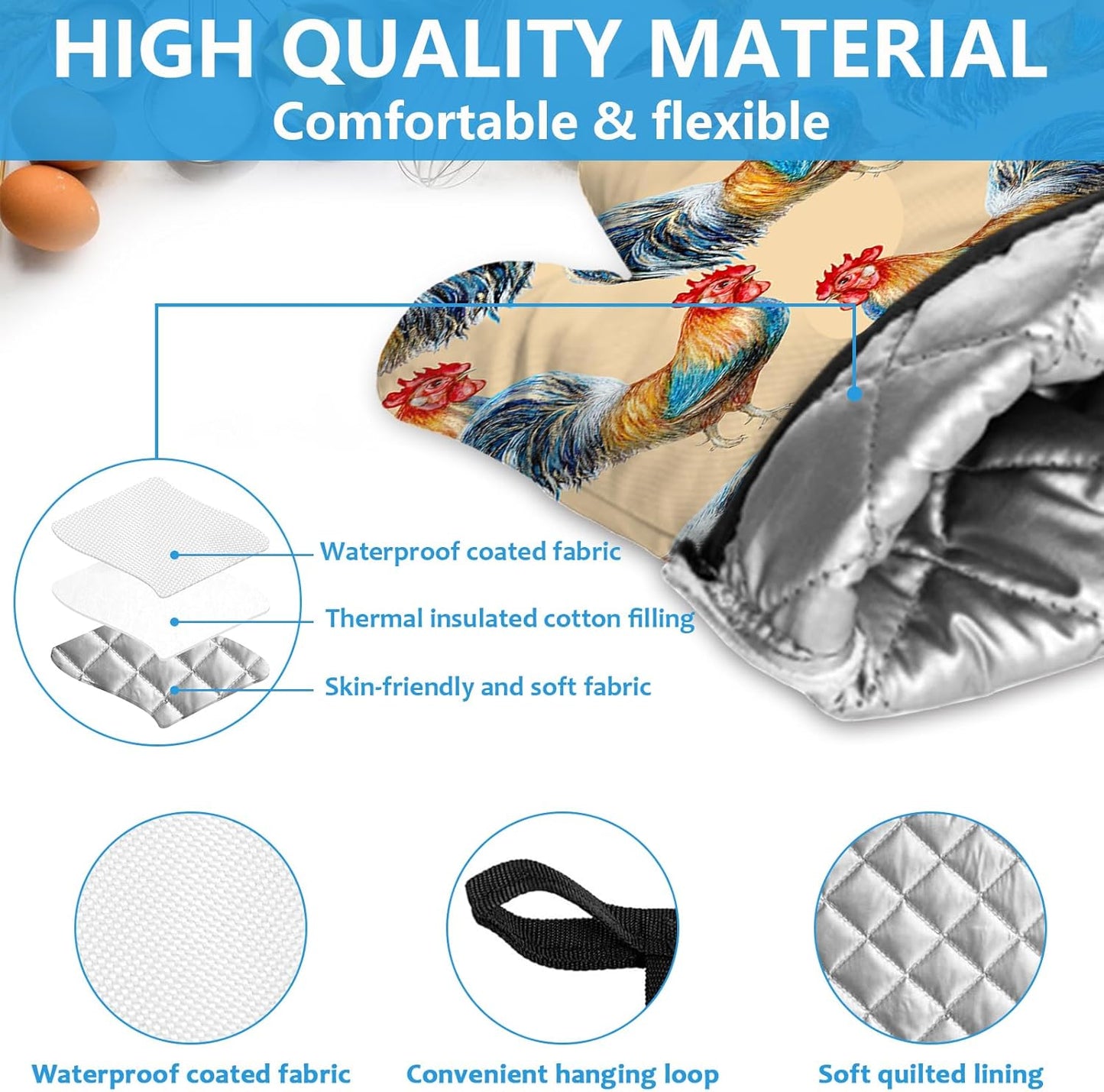 Watercolor Rooster Oven Mitts and Pot Holders Sets Heat Resistant 4Pcs Potholders Oven Gloves Hot Pads for Kitchen Baking Cooking Grilling BBQ