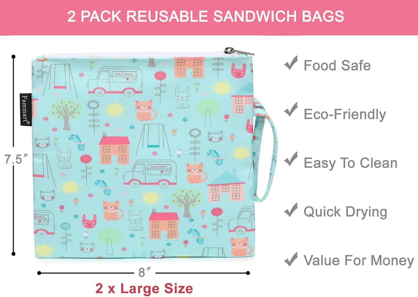 Reusable Sandwich Bag/Snack Bag for Kids & Adults, Dual Layer Lunch Bag with Handle, Washable, Food Safe, BPA Free (2-Pack, Colorful Cat)