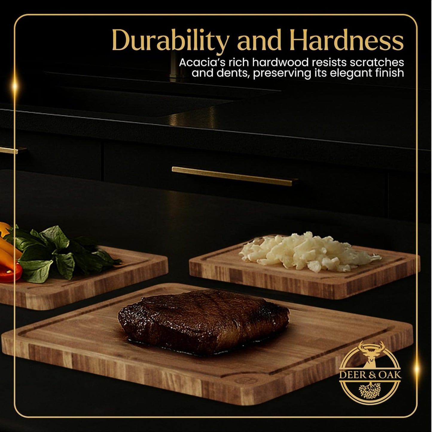 Pre-Oiled, Non Toxic 3-Piece Acacia Cutting Board Set with Stand, FSC Certified Wooden Chopping Boards with Juice Grooves for Meat. 3 Size Wood Carving Boards for Home & BBQ Kitchens by Deer & Oak