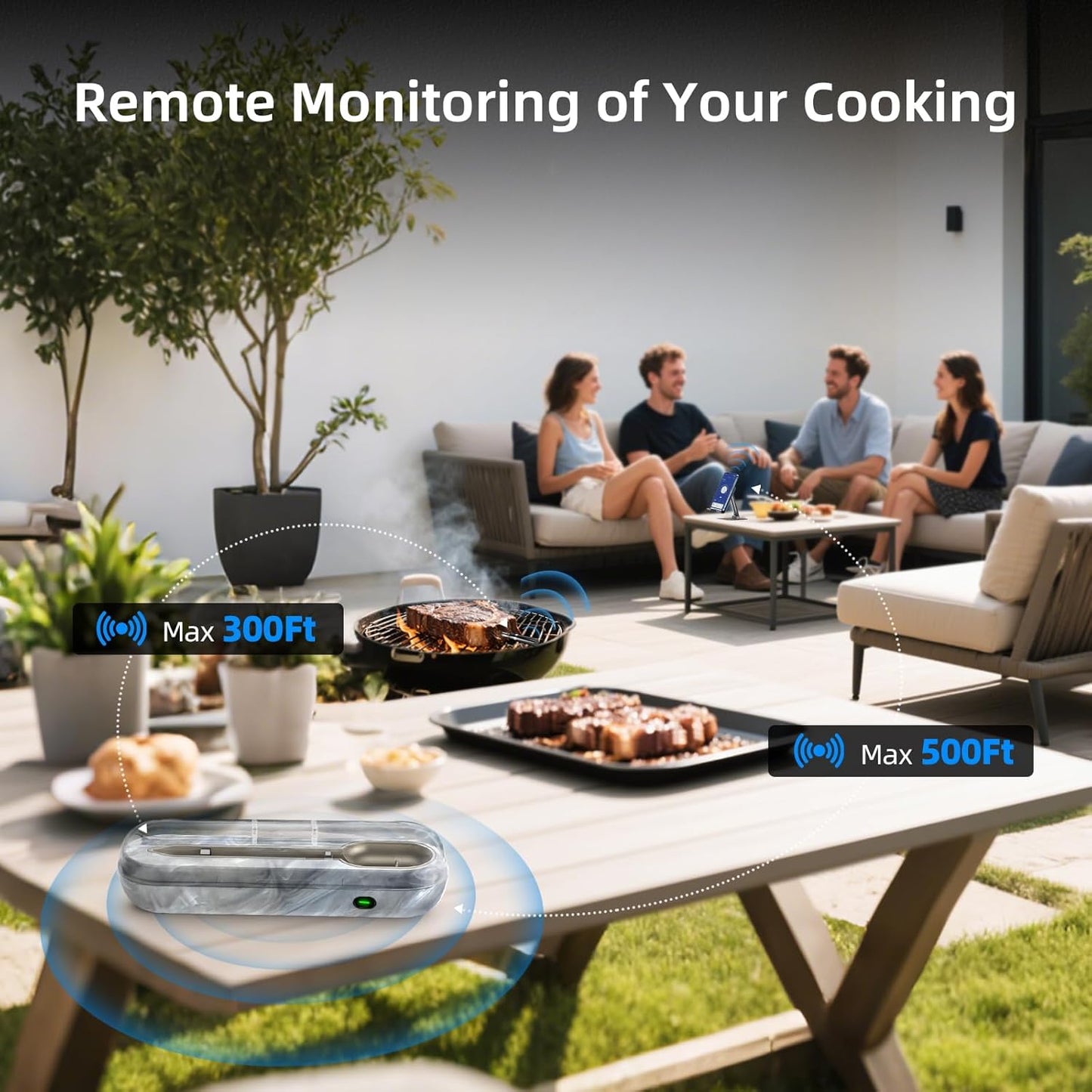 Aurasky Wireless Meat Thermometer with Unique Stone Texture, Smart Bluetooth APP Control, 500 Ft Remote Range, Dual Alarm, Waterproof Cooking Meat Thermometer for Grilling, Smoking, Family BBQ, Oven