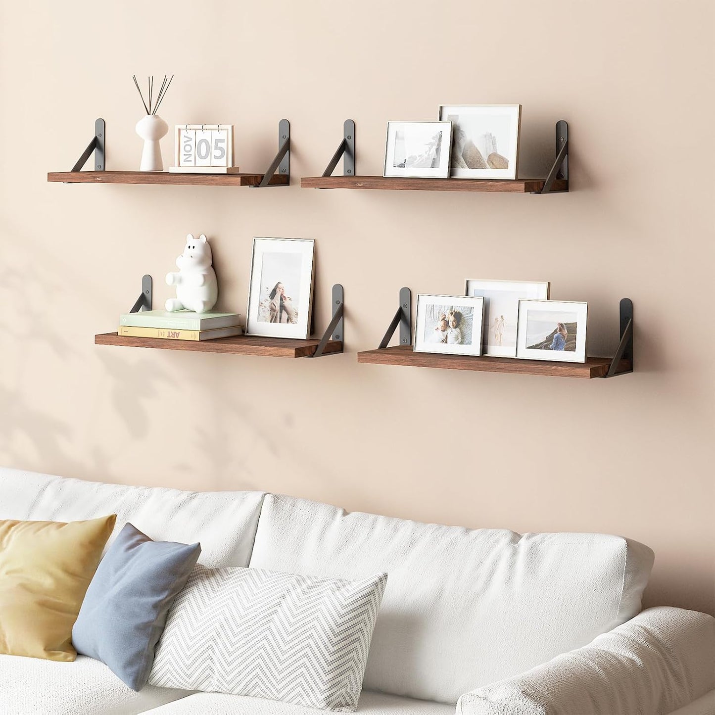 YGEOMER 16.5 Inch Floating Shelves for Wall, Farmhouse Wall Shelves for Bedroom, Bathroom Storage, Living Room and Kitchen Decor (Set of 6 Dark Carbonized Pine)