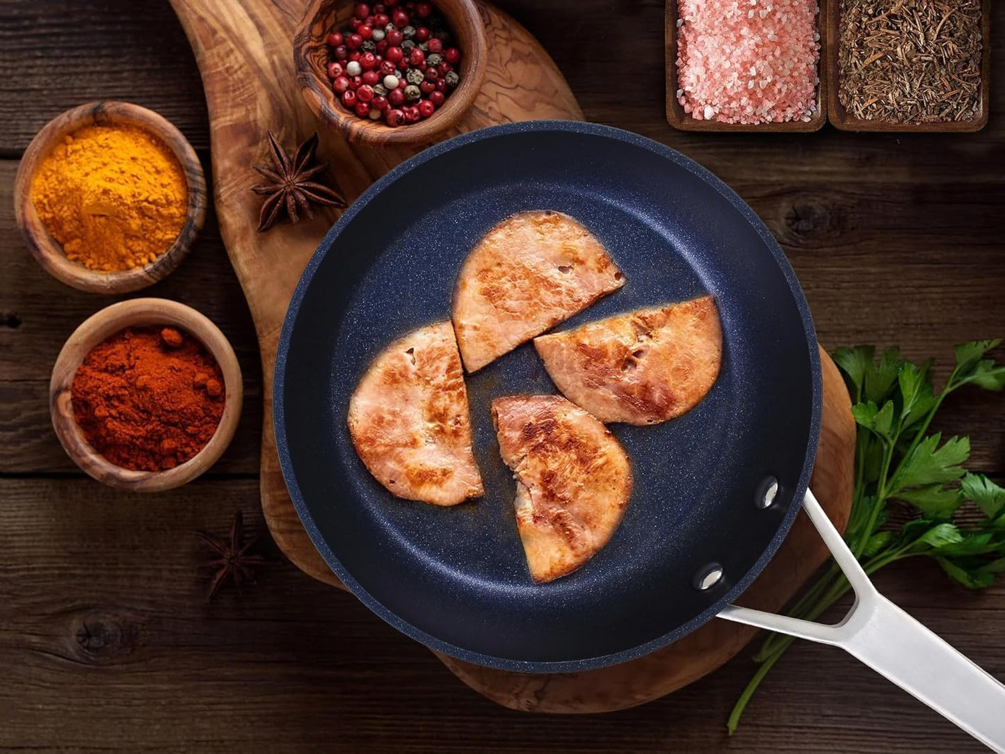 MsMk Non stick frying pan set with lid Blue, 12-inch Durable skillet, Titanium and Diamond Non Stick Non-Toxic Coating From USA, Even Heating, Easy Clean-Up, Comfort Handle, Induction Compatibility