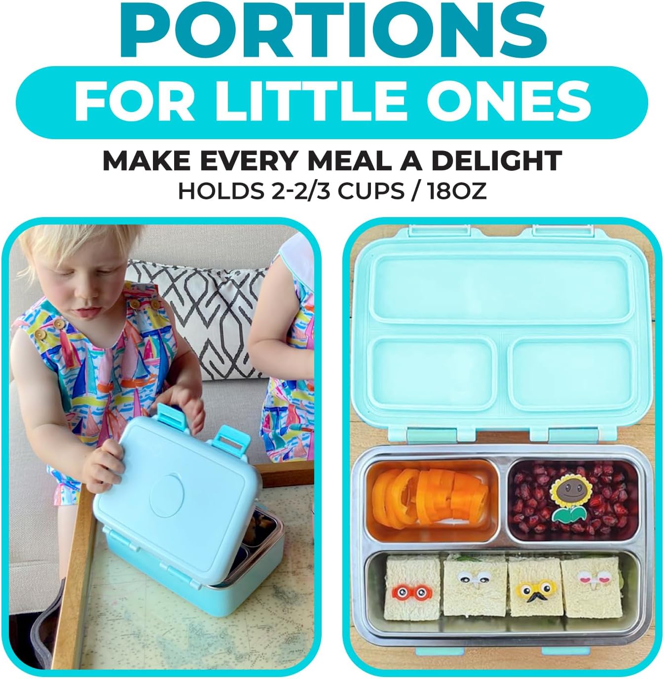 Small Stainless Steel Lunch Box for Baby or Toddlers Boys Girls, Insulated Mini Bento, 3 Eco Metal Portion Sections Leakproof Lid, Pre-School Daycare Lunches, Kids Spill-Proof Snack Container, Green